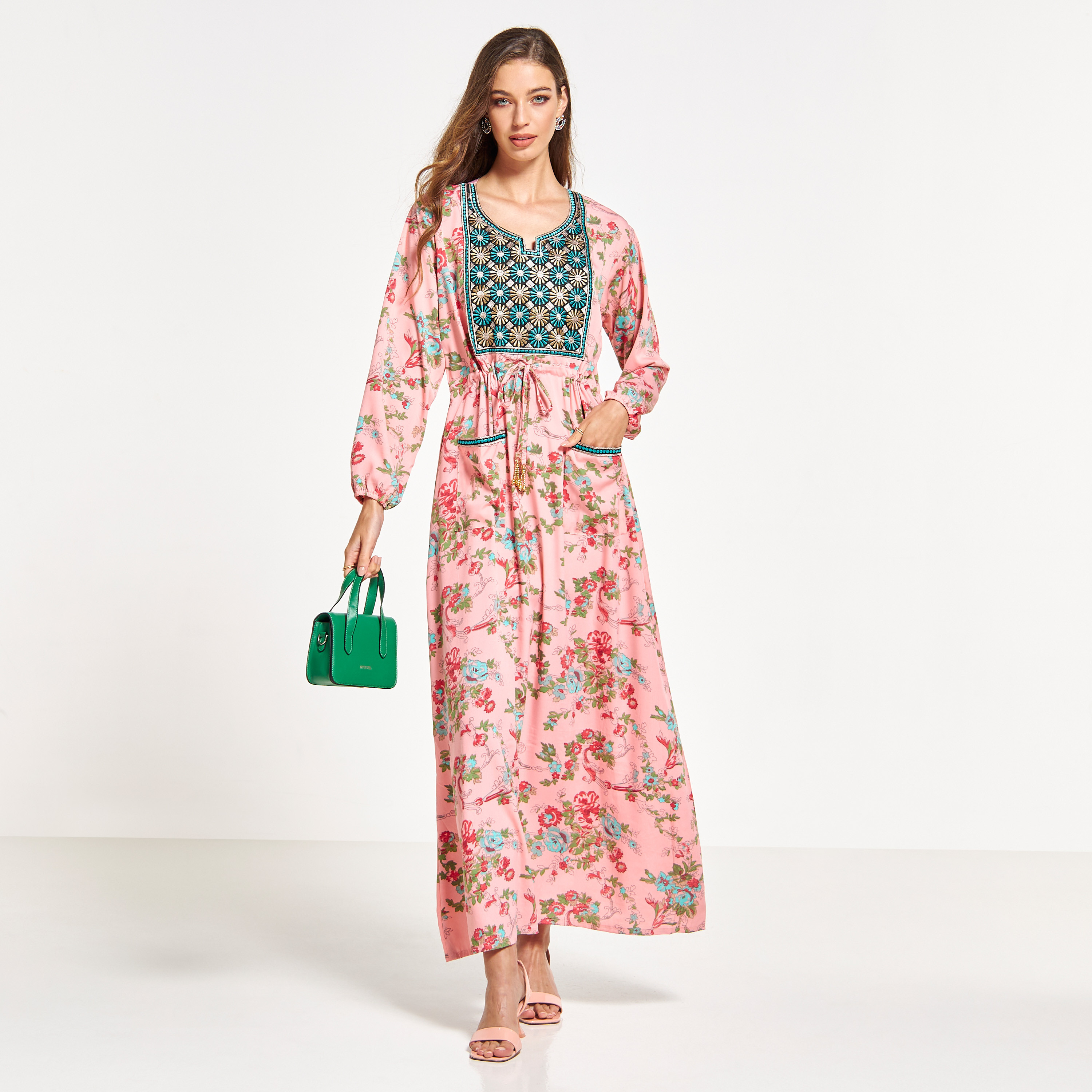 Malikah Floral Print Jalabiya with Embroidered Detail and Pockets-women-arabicclothing-jalabiyas-image-1