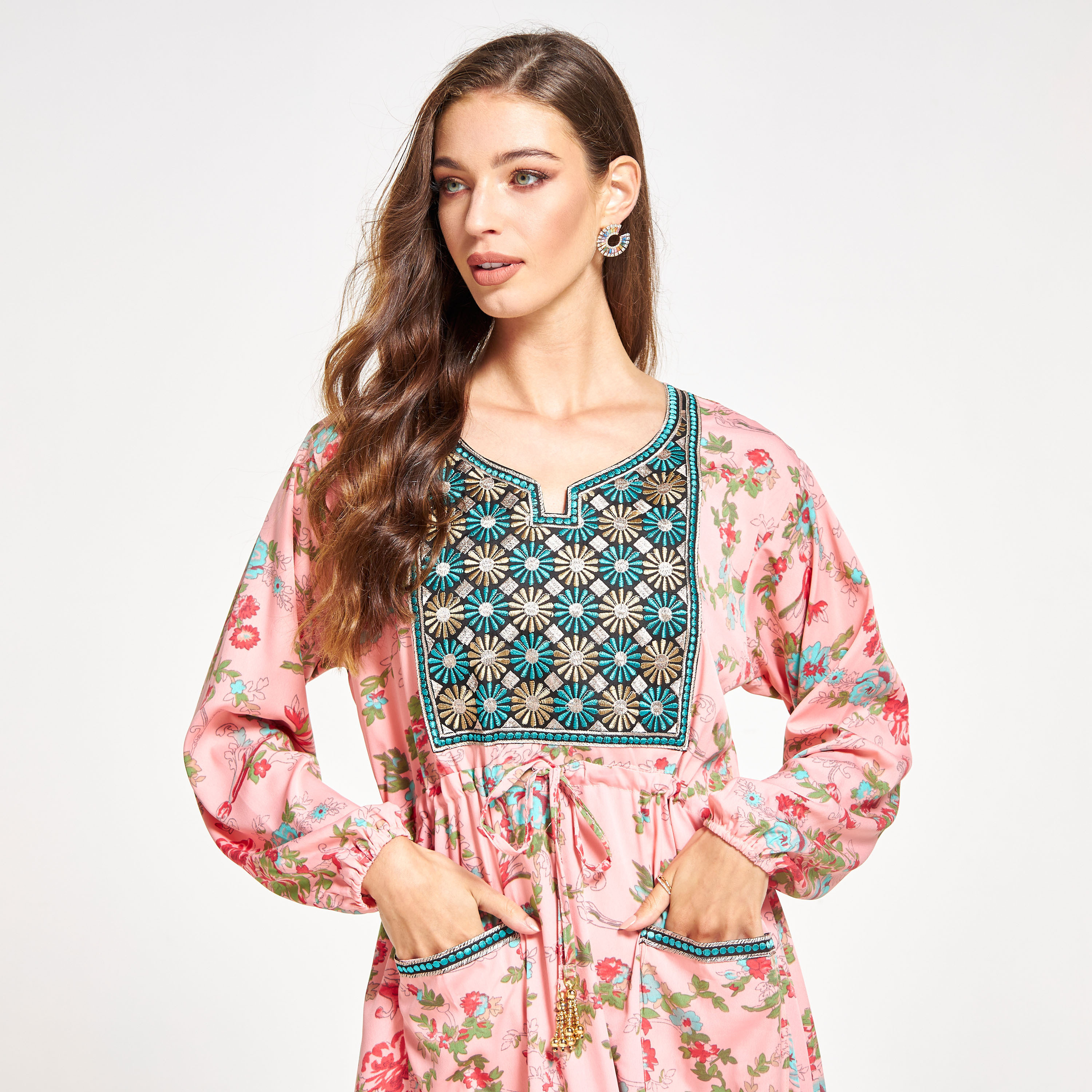 Malikah Floral Print Jalabiya with Embroidered Detail and Pockets-women-arabicclothing-jalabiyas-image-3