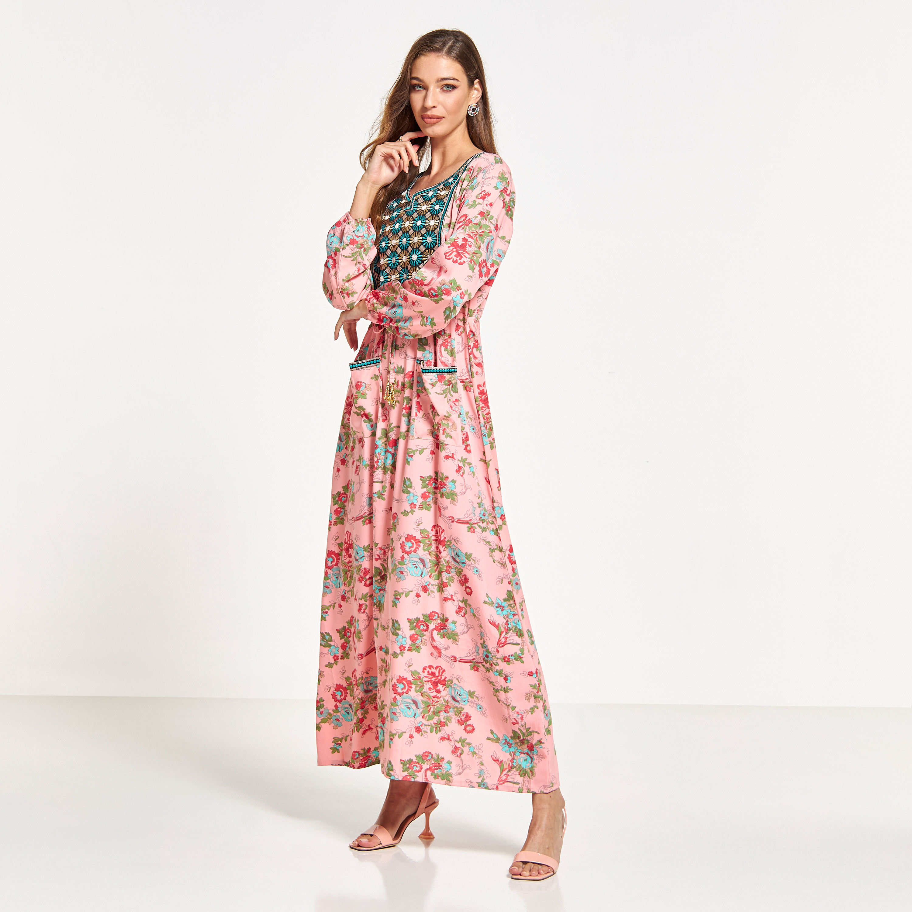 Malikah Floral Print Jalabiya with Embroidered Detail and Pockets-women-arabicclothing-jalabiyas-image-4