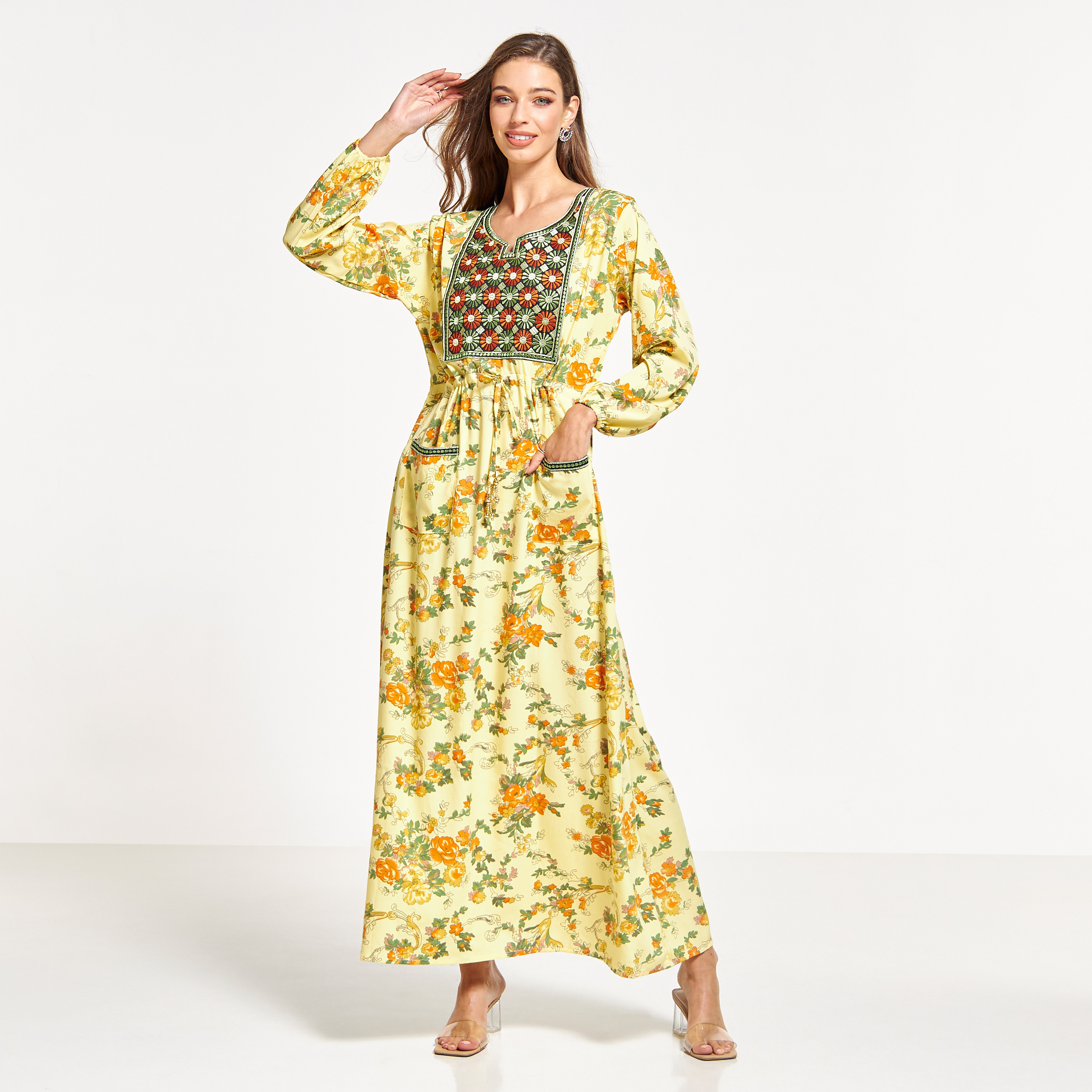 Malikah Floral Print Jalabiya with Embroidered Detail and Pockets-women-arabicclothing-jalabiyas-image-1