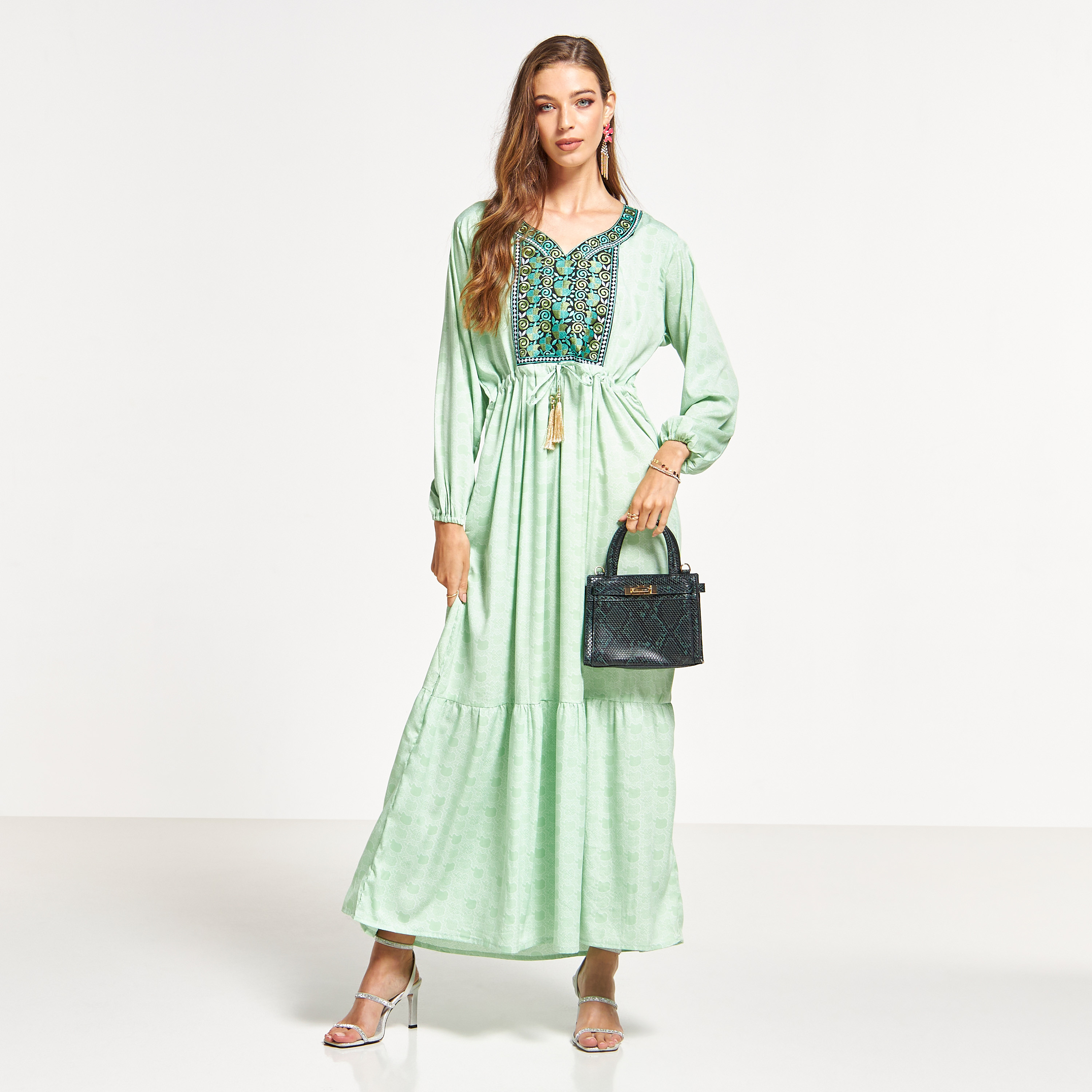 Malikah Printed Jalabiya with Embroidered and Tie-Up Detail-women-arabicclothing-jalabiyas-image-1