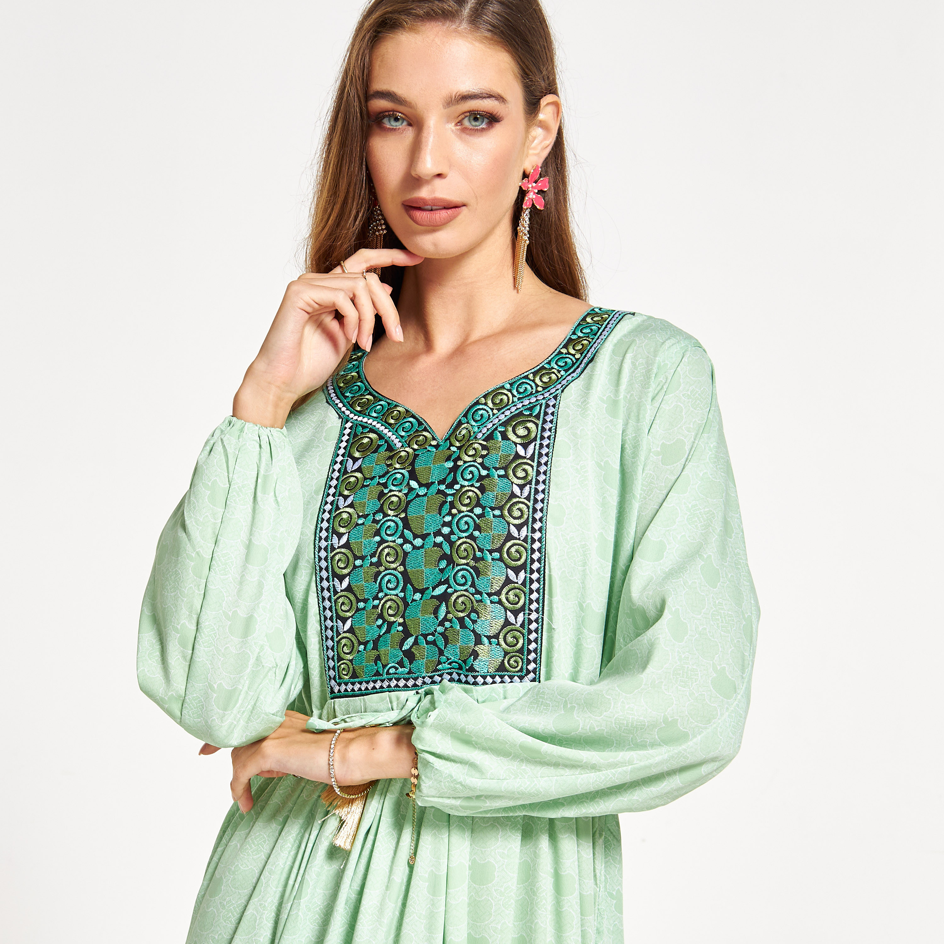 Malikah Printed Jalabiya with Embroidered and Tie-Up Detail-women-arabicclothing-jalabiyas-image-3