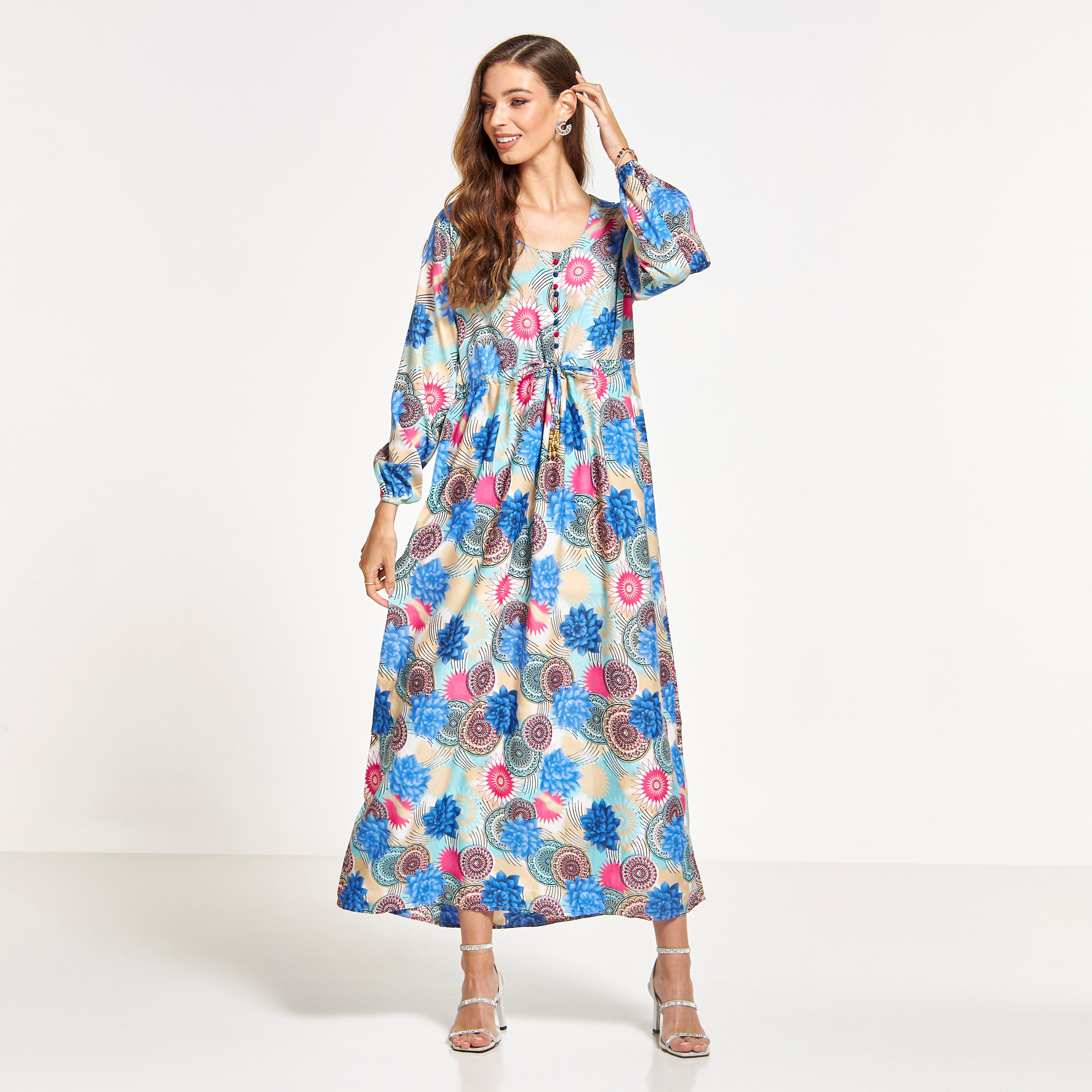 Malikah All Over Print Jalabiya with Button and Tie-Up Detail-women-arabicclothing-jalabiyas-image-1