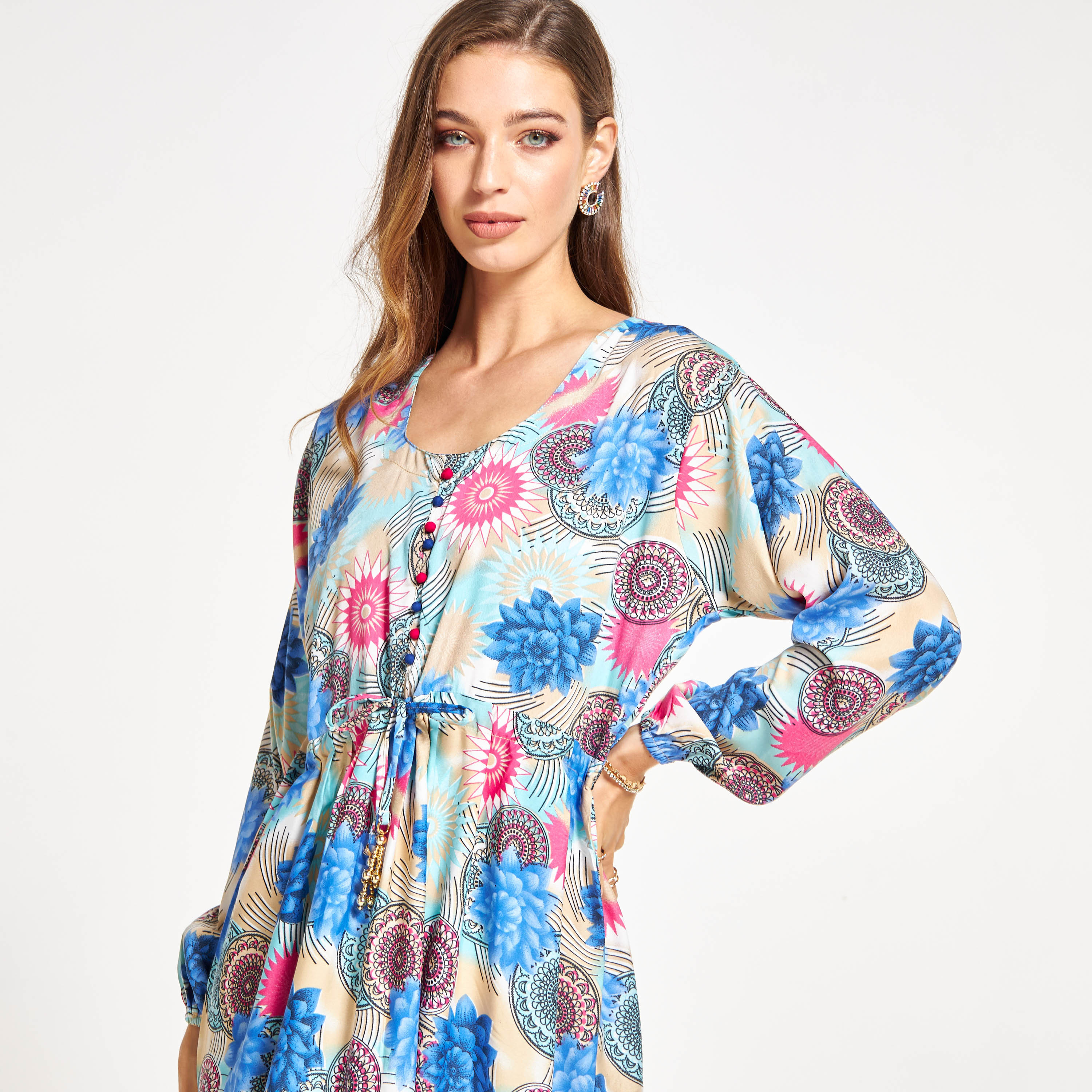 Malikah All Over Print Jalabiya with Button and Tie-Up Detail-women-arabicclothing-jalabiyas-image-3