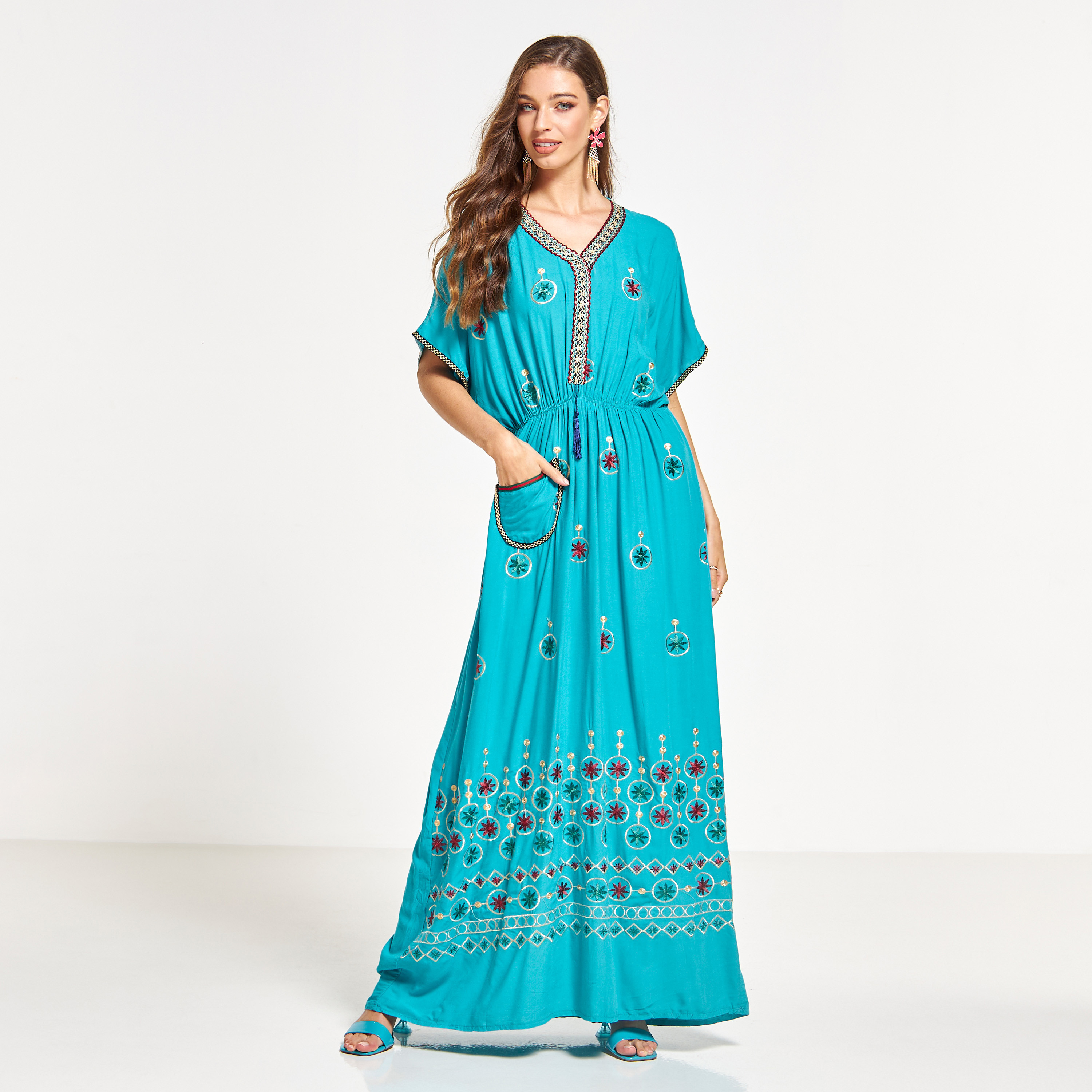 Malikah Embroidered Jalabiya with Drawstring Waist and Front Pocket-women-arabicclothing-jalabiyas-image-1