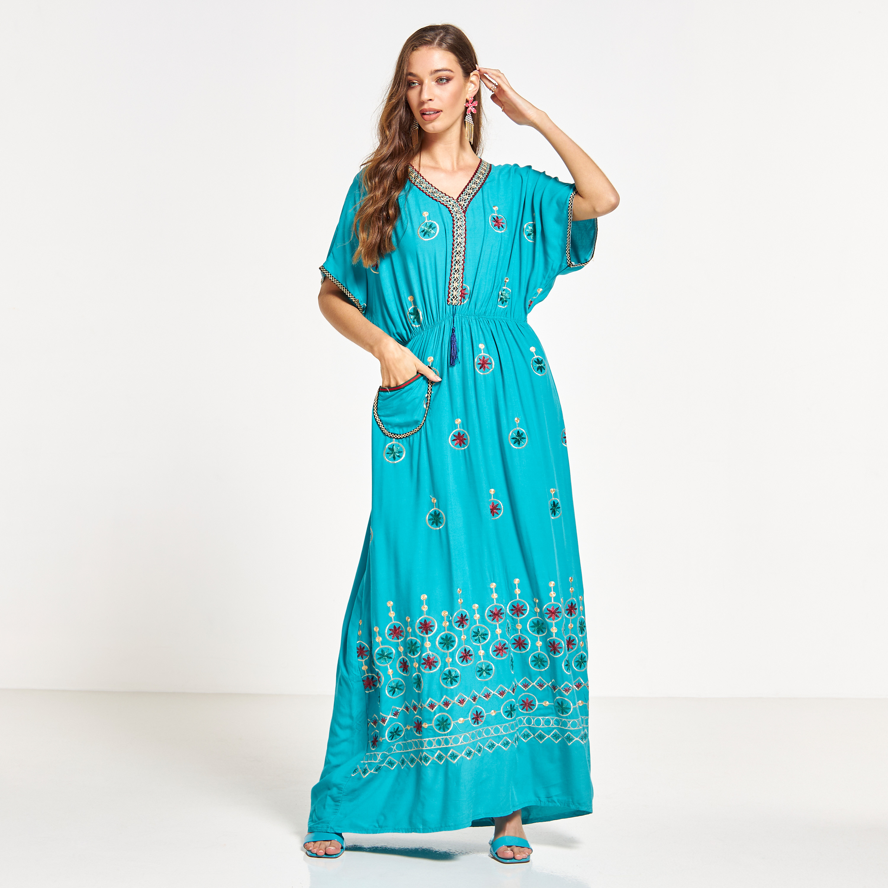 Malikah Embroidered Jalabiya with Drawstring Waist and Front Pocket-women-arabicclothing-jalabiyas-image-4