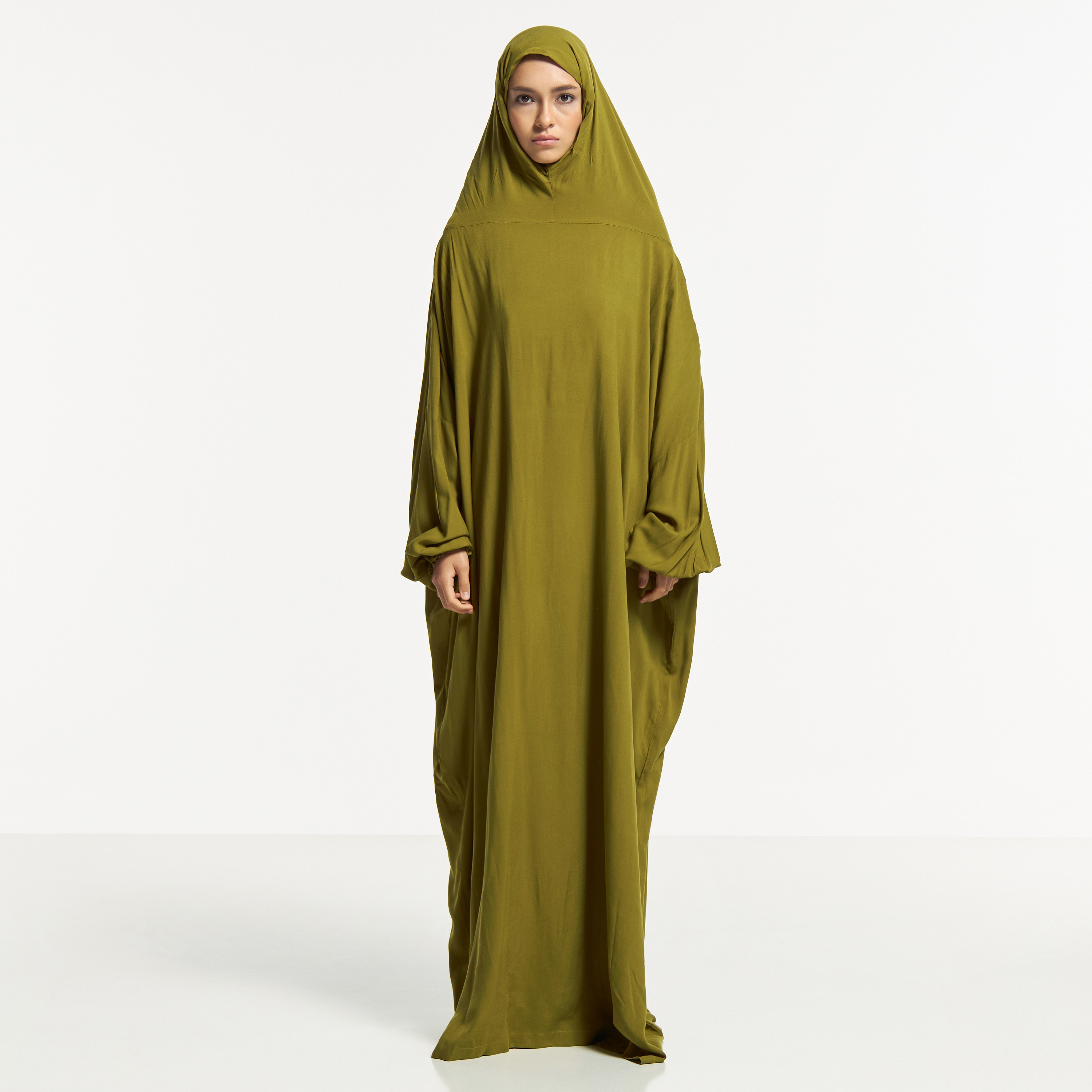 Malikah Solid Prayer Dress with Volume Sleeves and Attached Head Scarf-women-arabicclothing-abayas-image-1