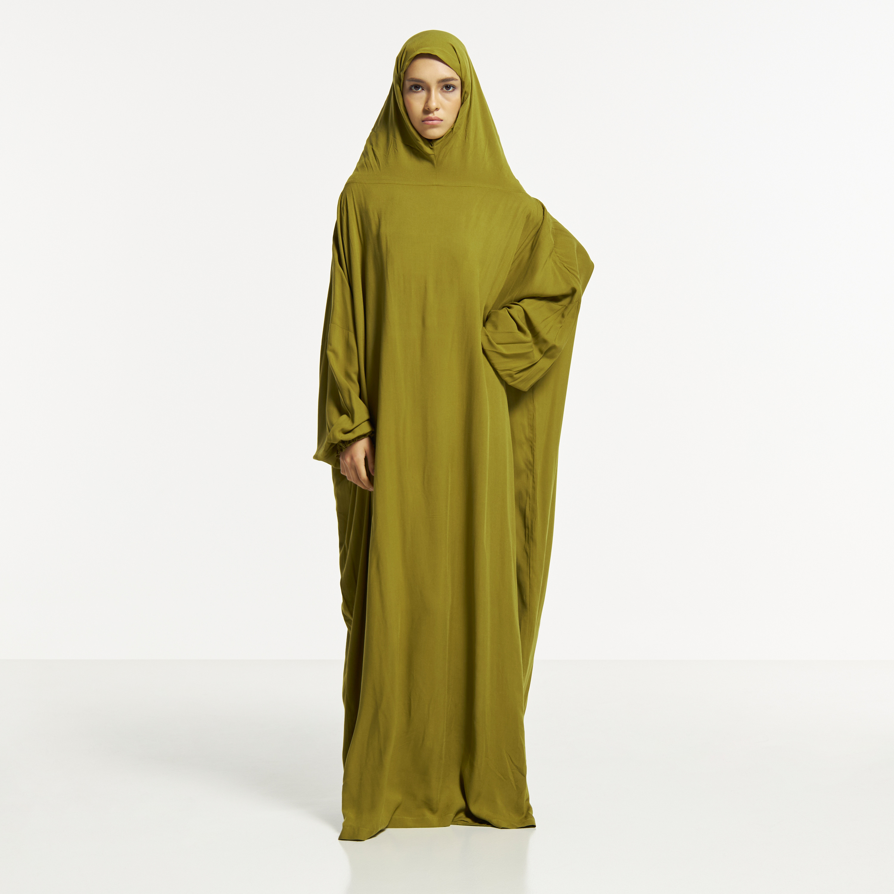Malikah Solid Prayer Dress with Volume Sleeves and Attached Head Scarf-women-arabicclothing-abayas-image-6