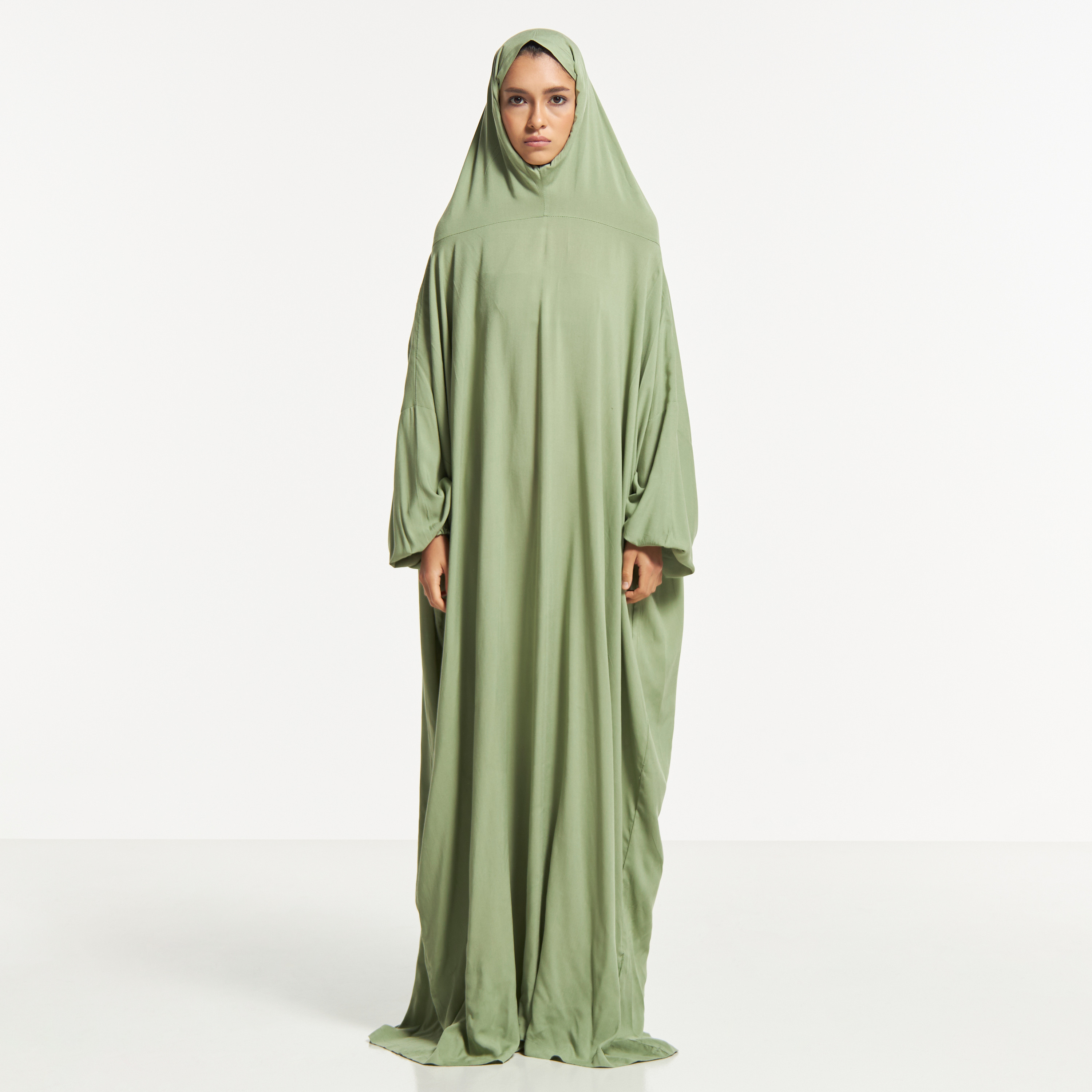 Malikah Solid Prayer Dress with Volume Sleeves and Attached Head Scarf-women-arabicclothing-abayas-image-1