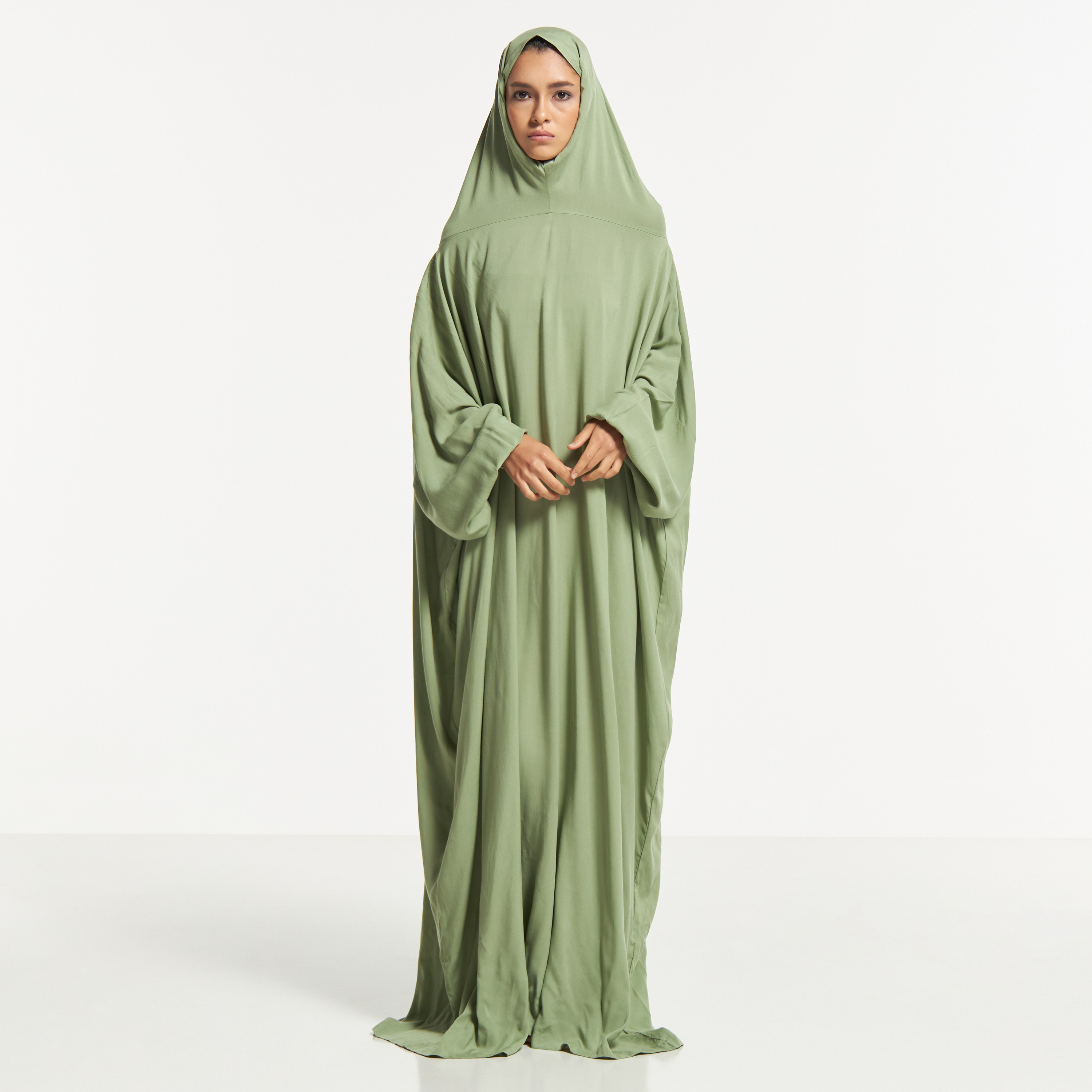 Malikah Solid Prayer Dress with Volume Sleeves and Attached Head Scarf-women-arabicclothing-abayas-image-2
