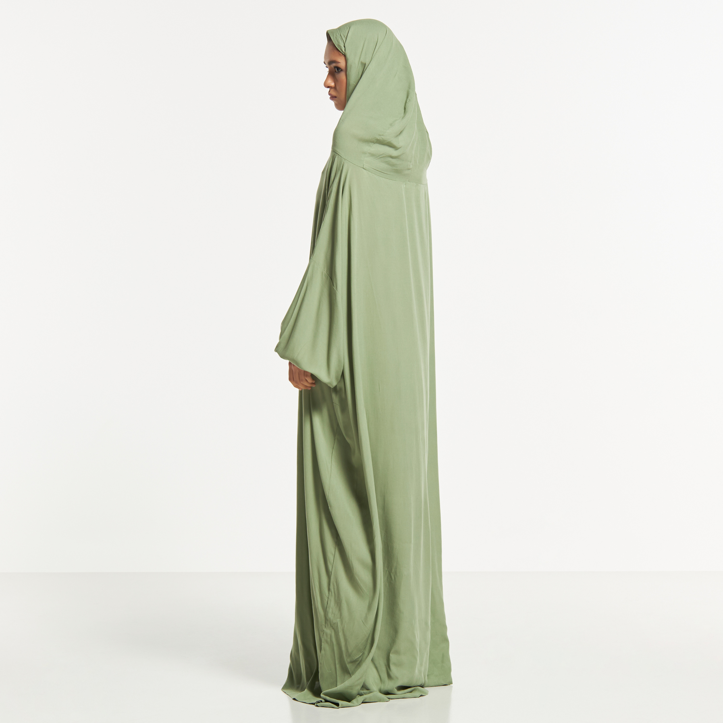 Malikah Solid Prayer Dress with Volume Sleeves and Attached Head Scarf-women-arabicclothing-abayas-image-3