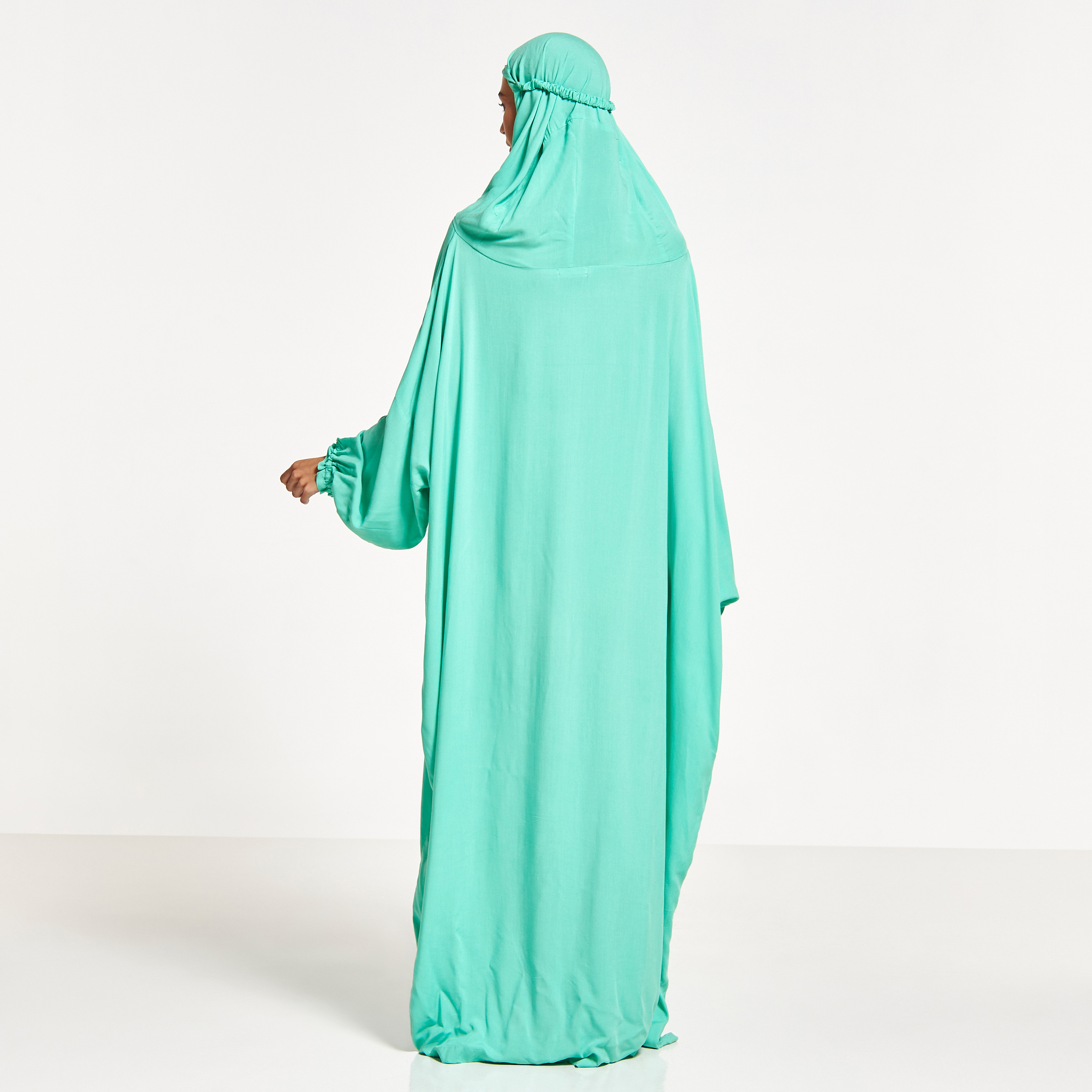 Malikah Solid Prayer Dress with Volume Sleeves and Attached Head Scarf-women-arabicclothing-abayas-image-2