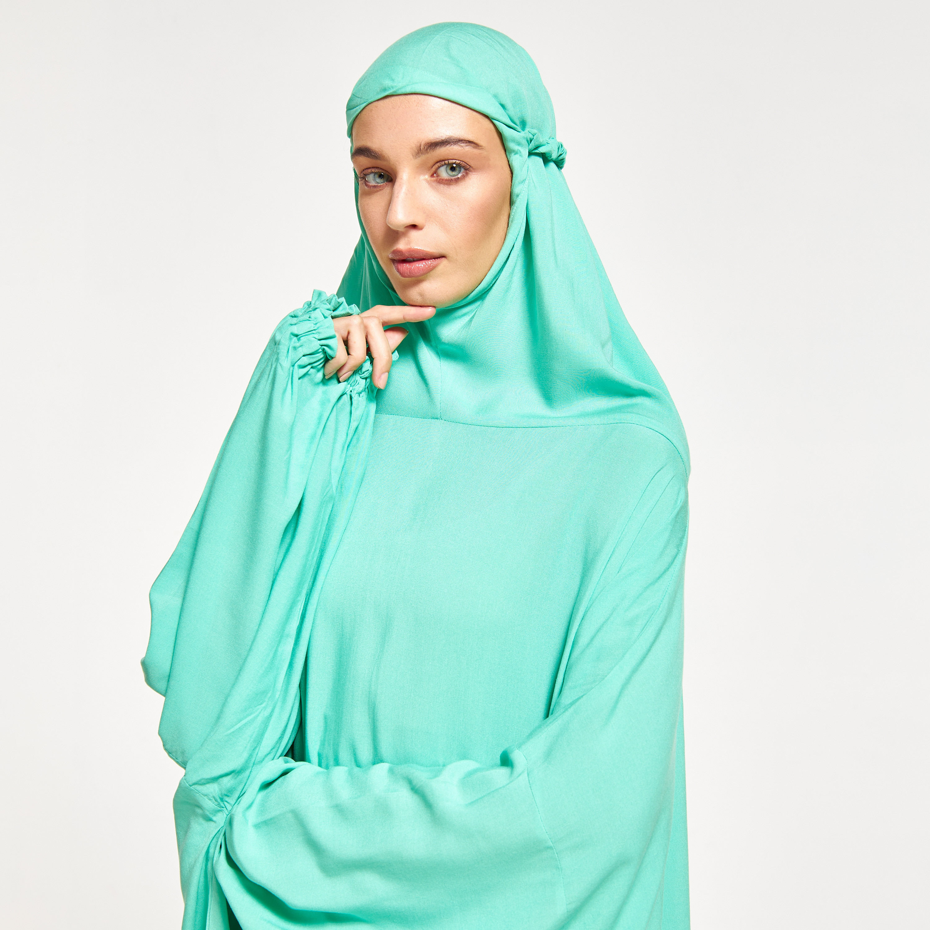 Malikah Solid Prayer Dress with Volume Sleeves and Attached Head Scarf-women-arabicclothing-abayas-image-3