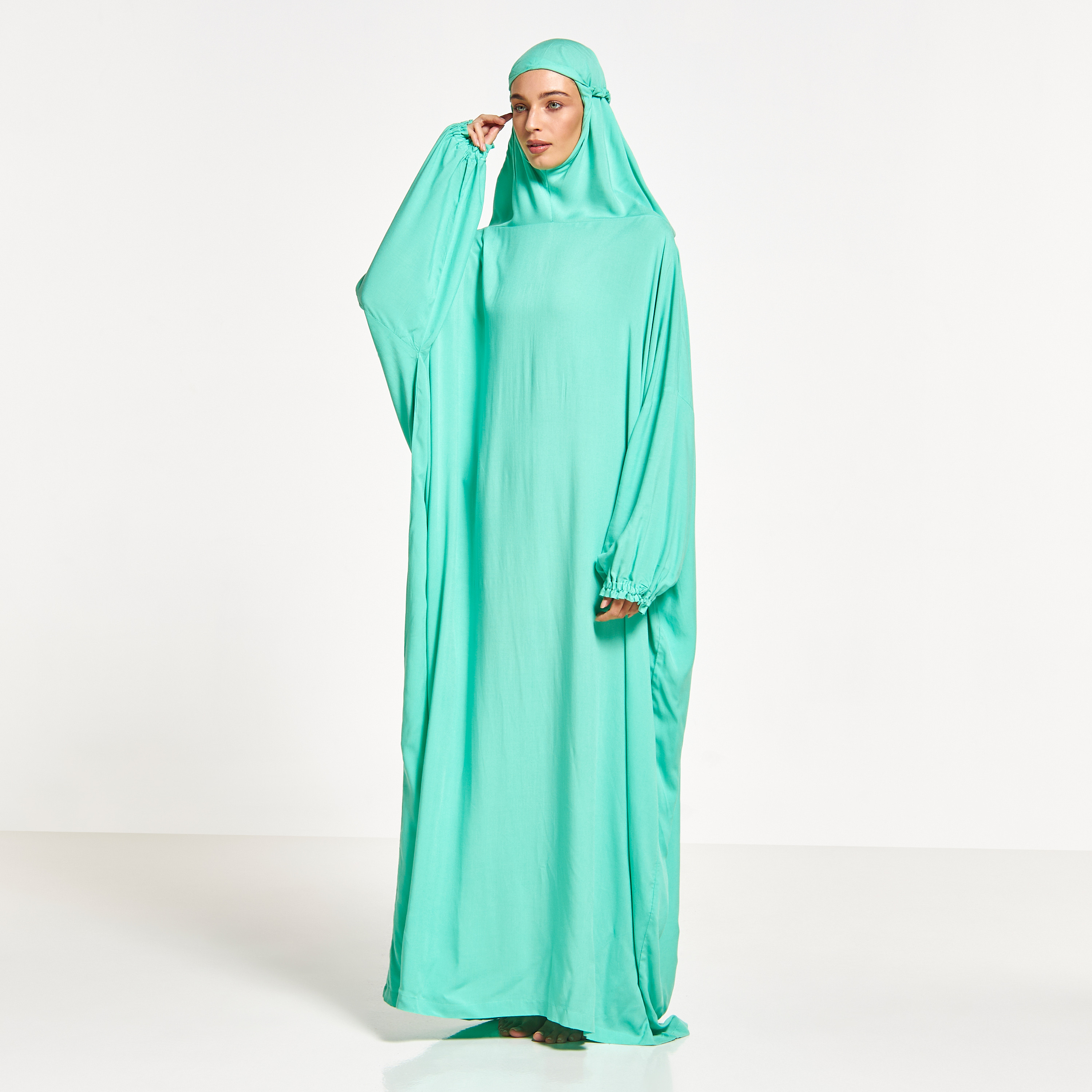 Malikah Solid Prayer Dress with Volume Sleeves and Attached Head Scarf-women-arabicclothing-abayas-image-4