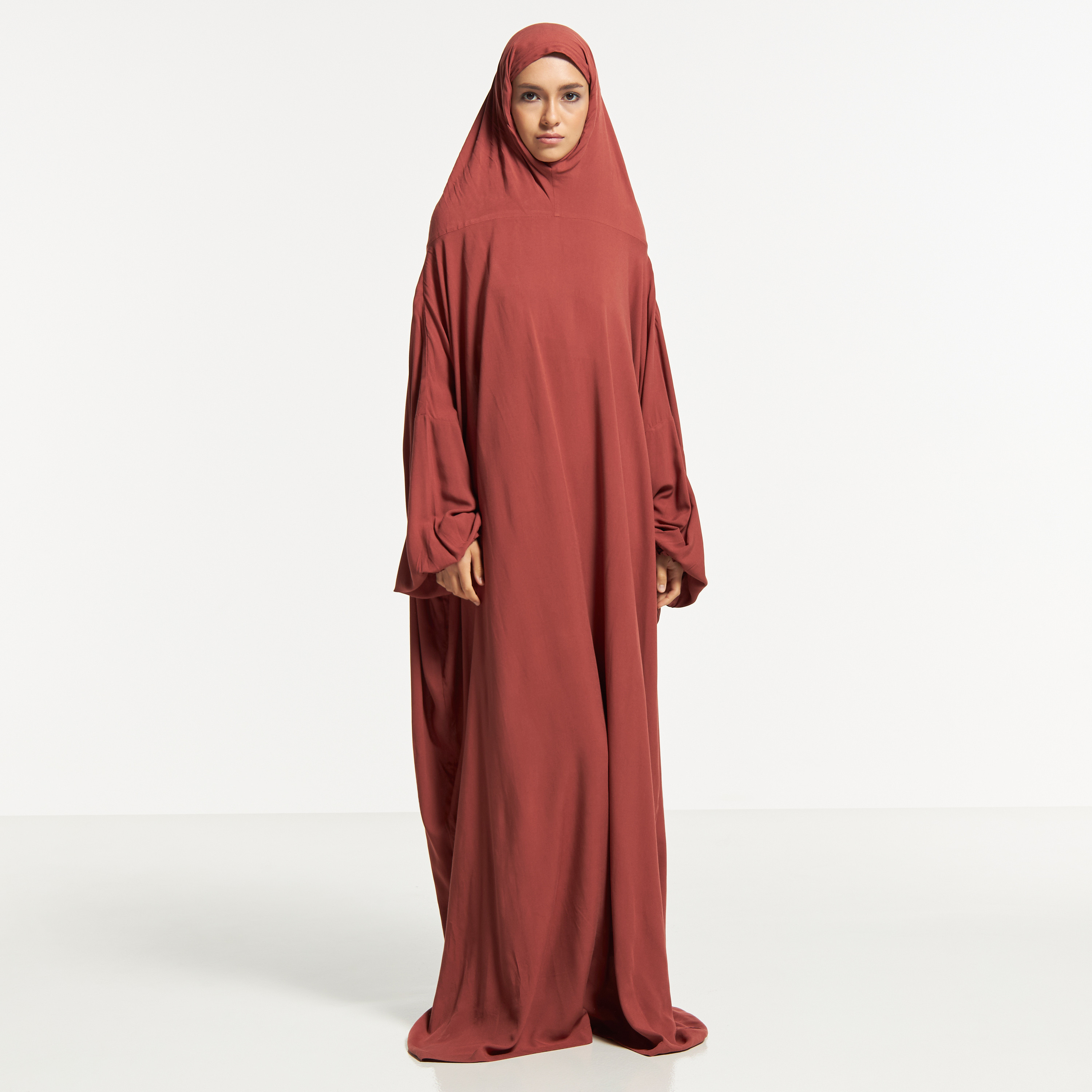 Malikah Solid Prayer Dress with Volume Sleeves and Attached Head Scarf-women-arabicclothing-abayas-image-1