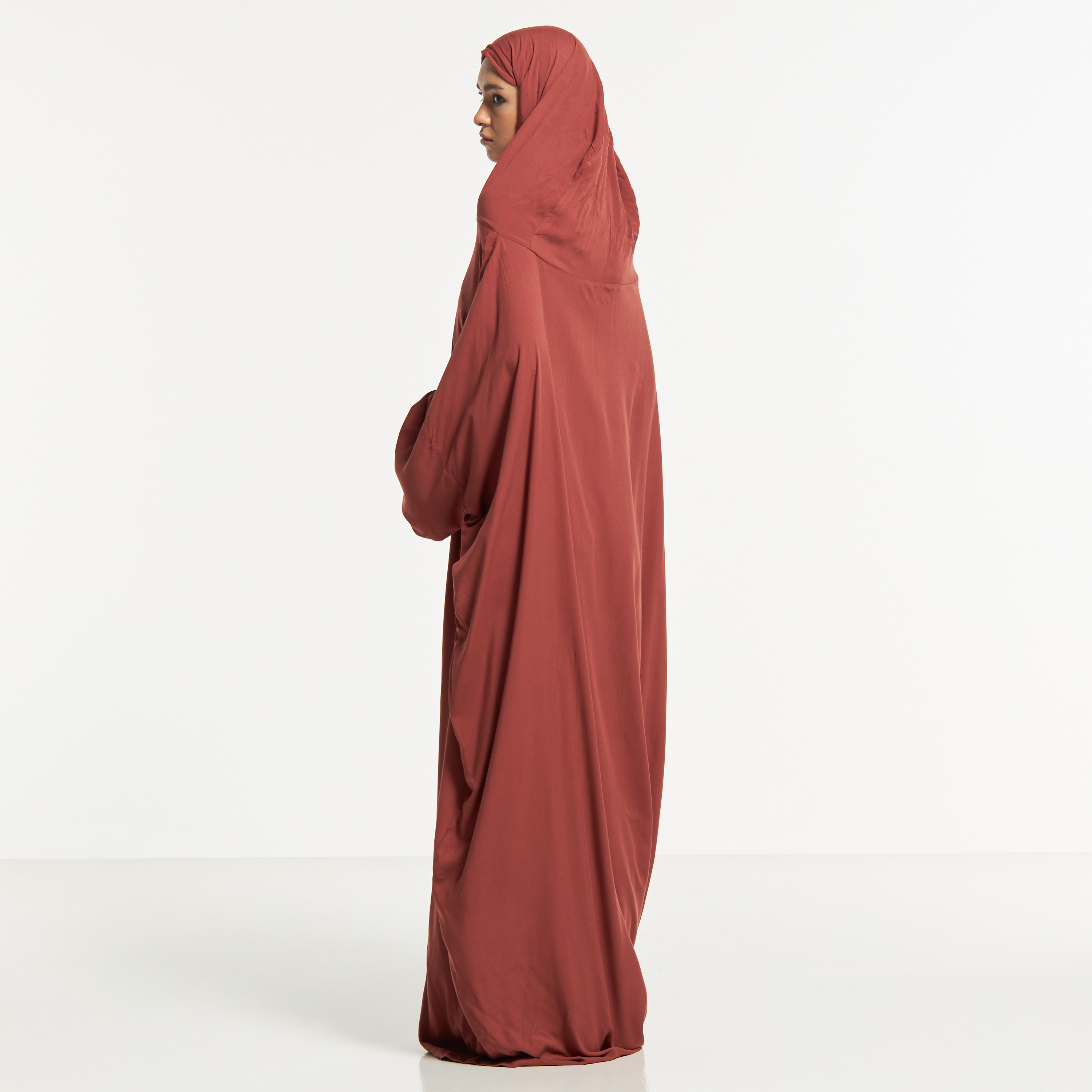 Malikah Solid Prayer Dress with Volume Sleeves and Attached Head Scarf-women-arabicclothing-abayas-image-3