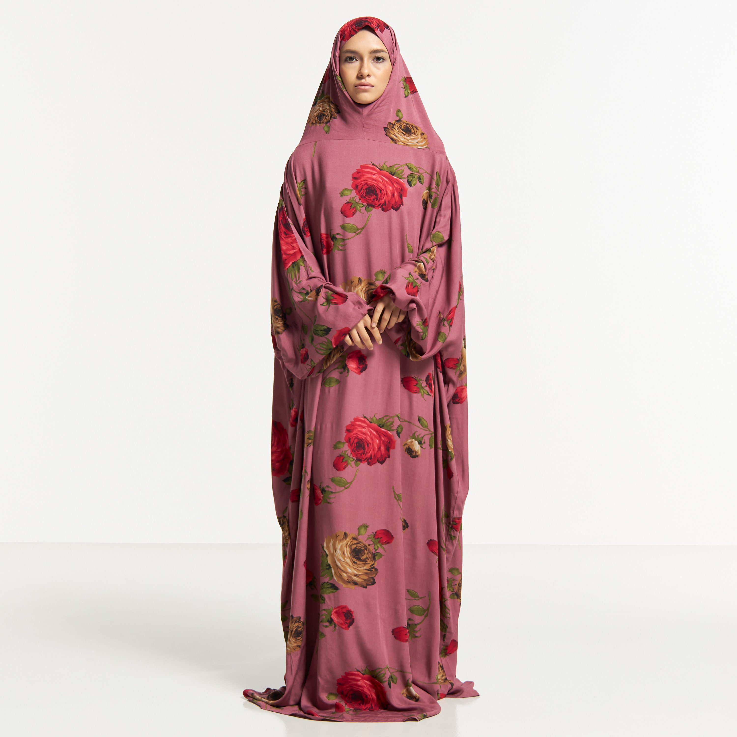 Malikah All-Over Floral Print Prayer Dress with Attached Head Scarf-women-arabicclothing-abayas-image-1