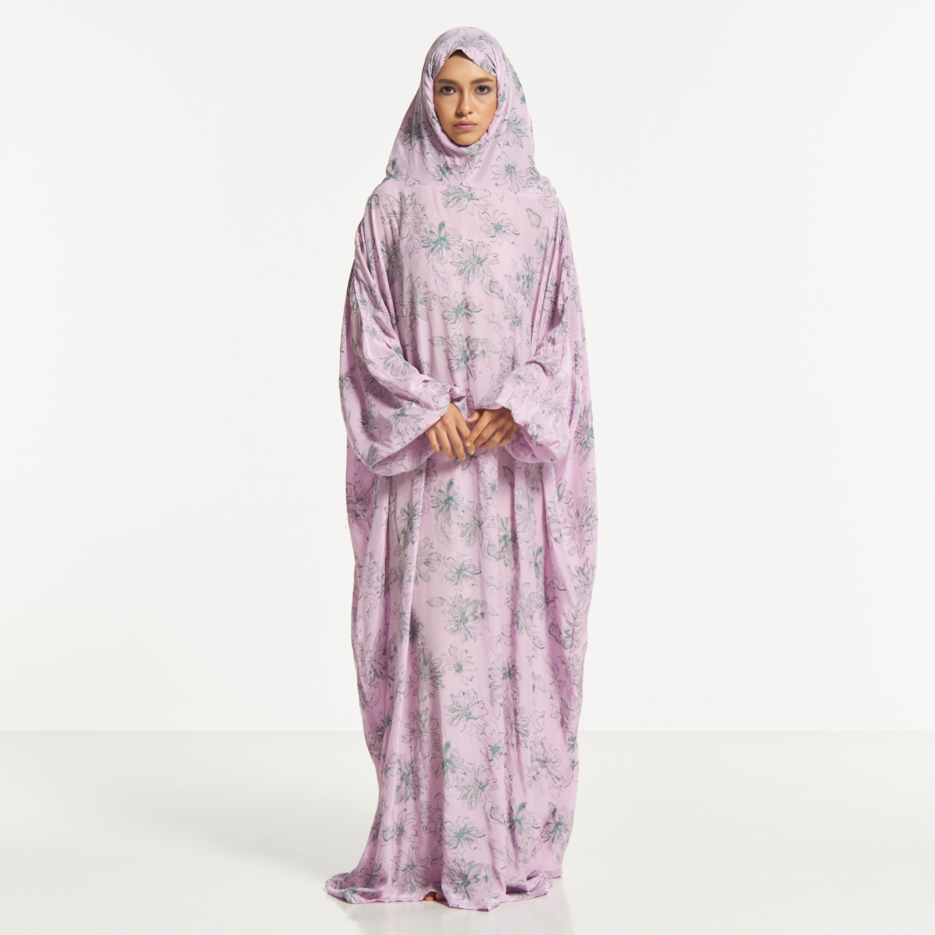 Malikah Floral Print Prayer Dress with Attached Head Scarf-women-arabicclothing-abayas-image-1
