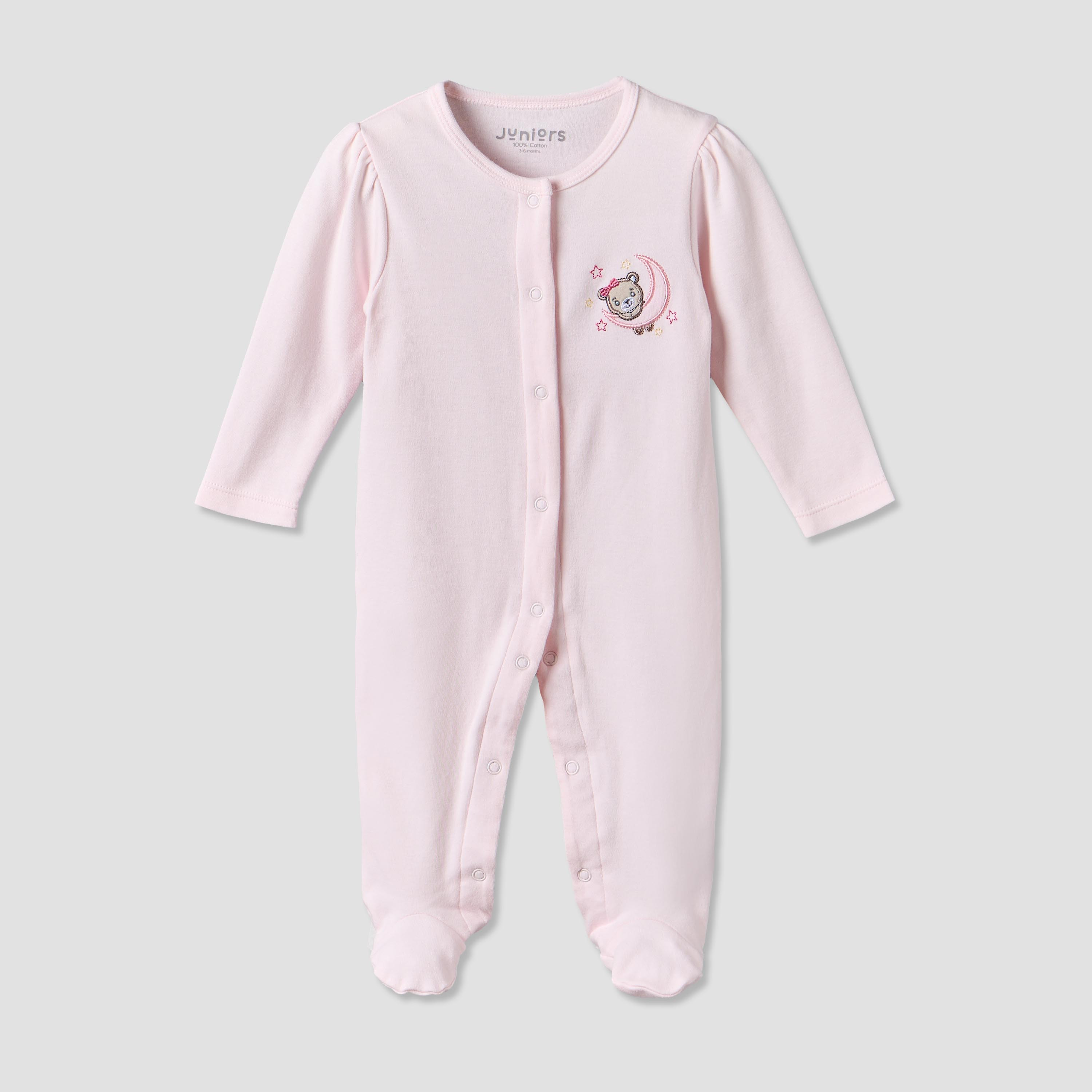 Juniors Cotton Crew Neck Long Sleeves Sleepsuit with Bear Applique-baby-girls-clothing-nightwear-sleepsuits-image-1