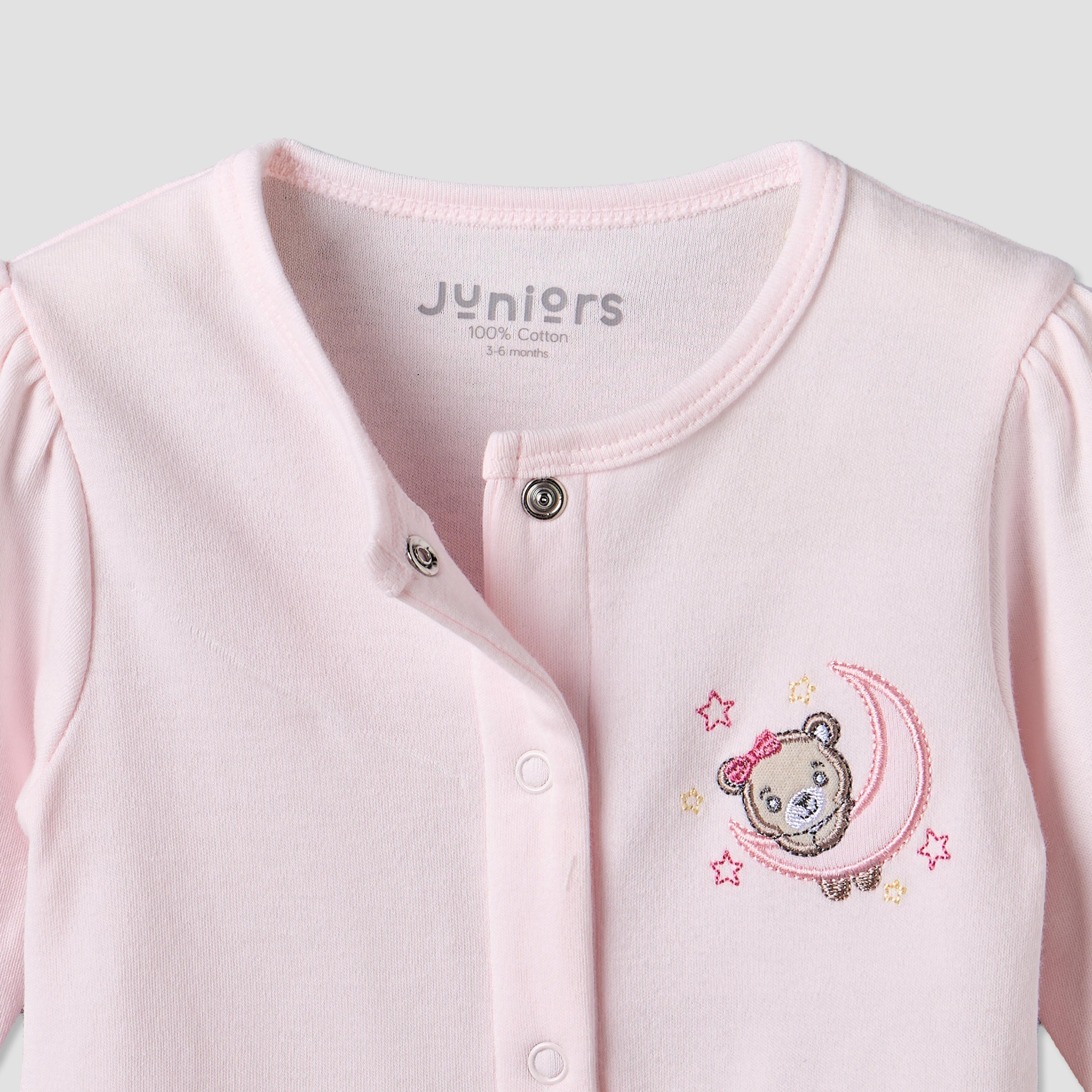 Juniors Cotton Crew Neck Long Sleeves Sleepsuit with Bear Applique-baby-girls-clothing-nightwear-sleepsuits-image-3