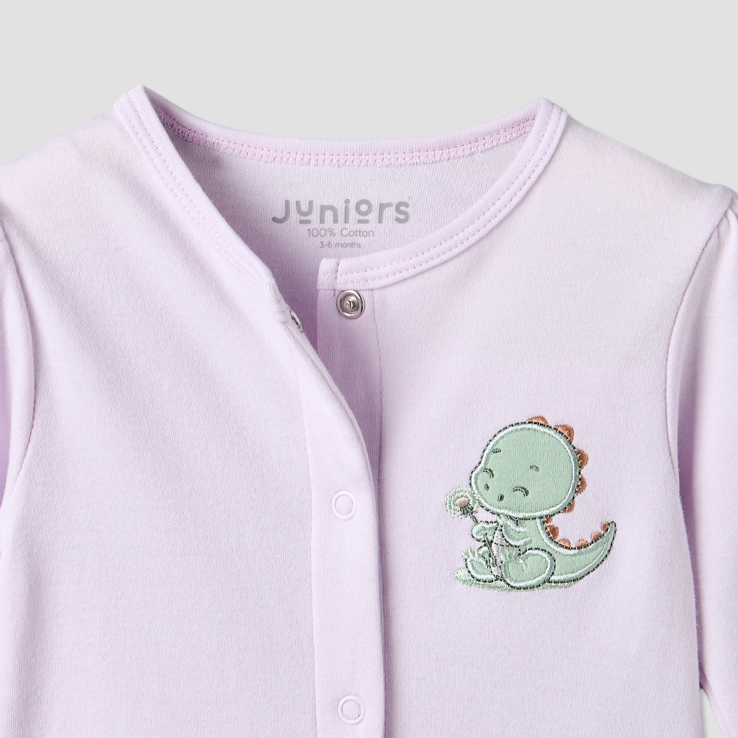 Juniors Cotton Crew Neck Long Sleeves Sleepsuit with Dinosaur Applique-baby-girls-clothing-nightwear-sleepsuits-image-3
