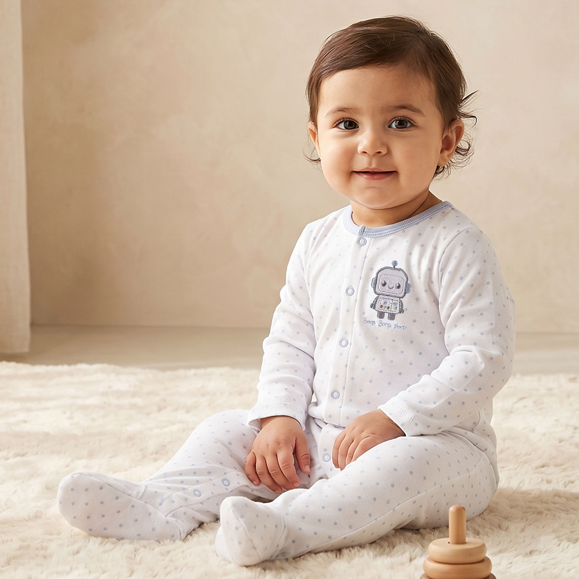 Juniors Robot Applique Sleepsuit with Long Sleeves and Button Closure-baby-boys-clothing-nightwear-sleepsuits-image-1