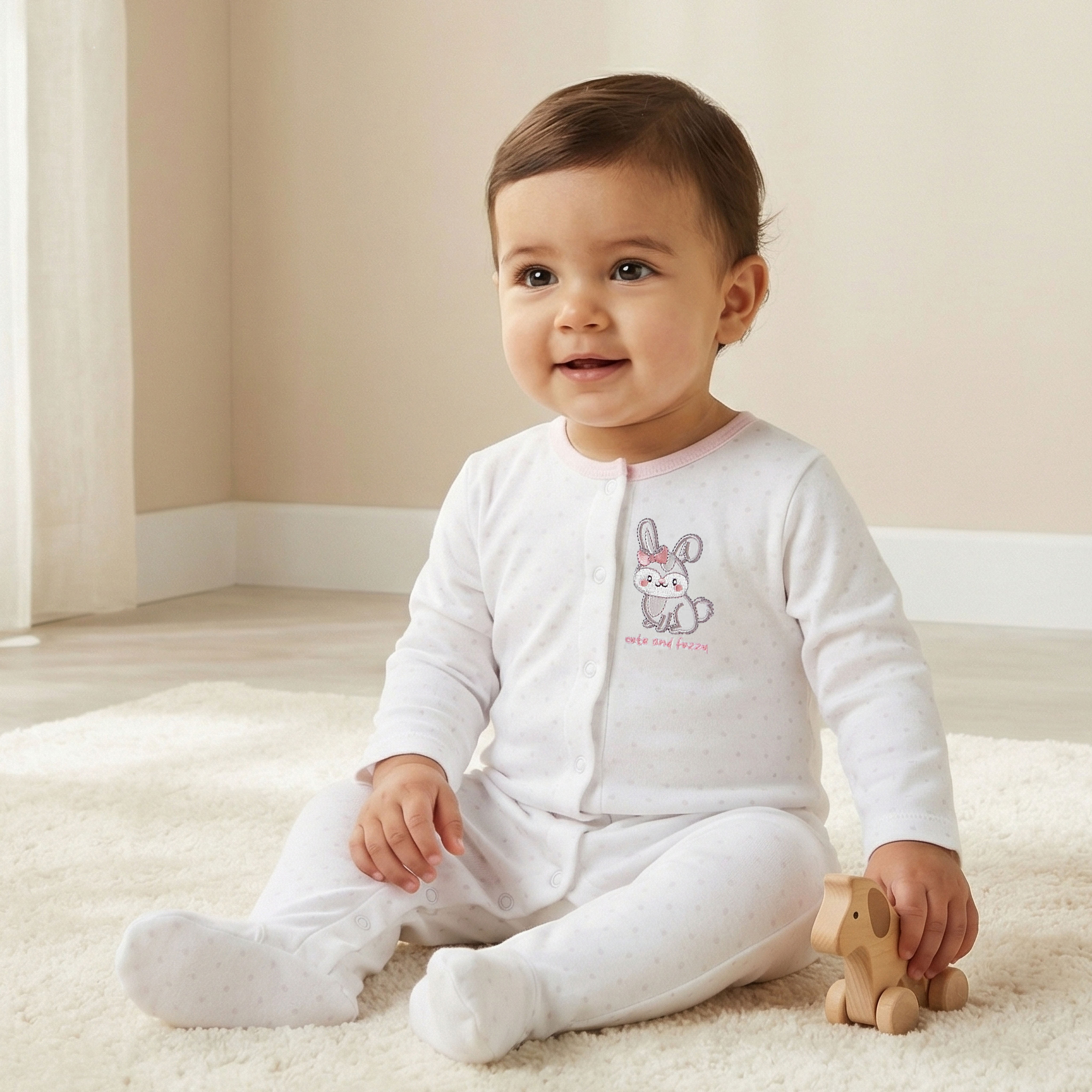 Juniors Bunny Embroidered Sleepsuit with Button Closure-baby-girls-clothing-nightwear-sleepsuits-image-1