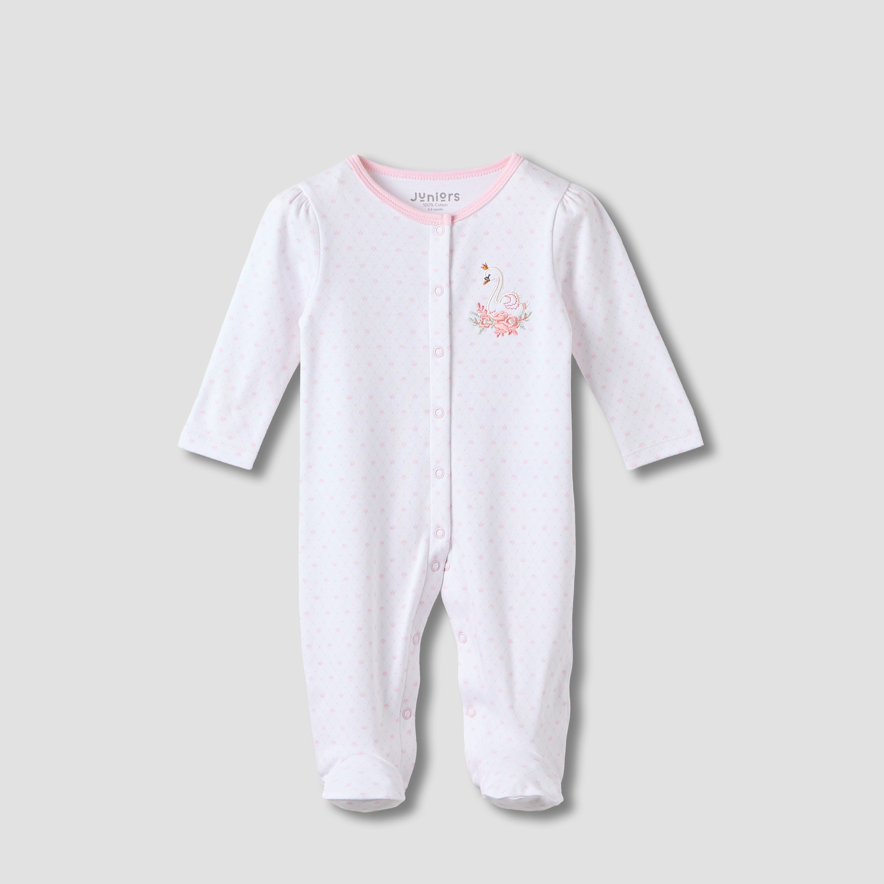 Juniors Swan Embroidered Sleepsuit with Long Sleeves-baby-girls-clothing-nightwear-sleepsuits-image-2