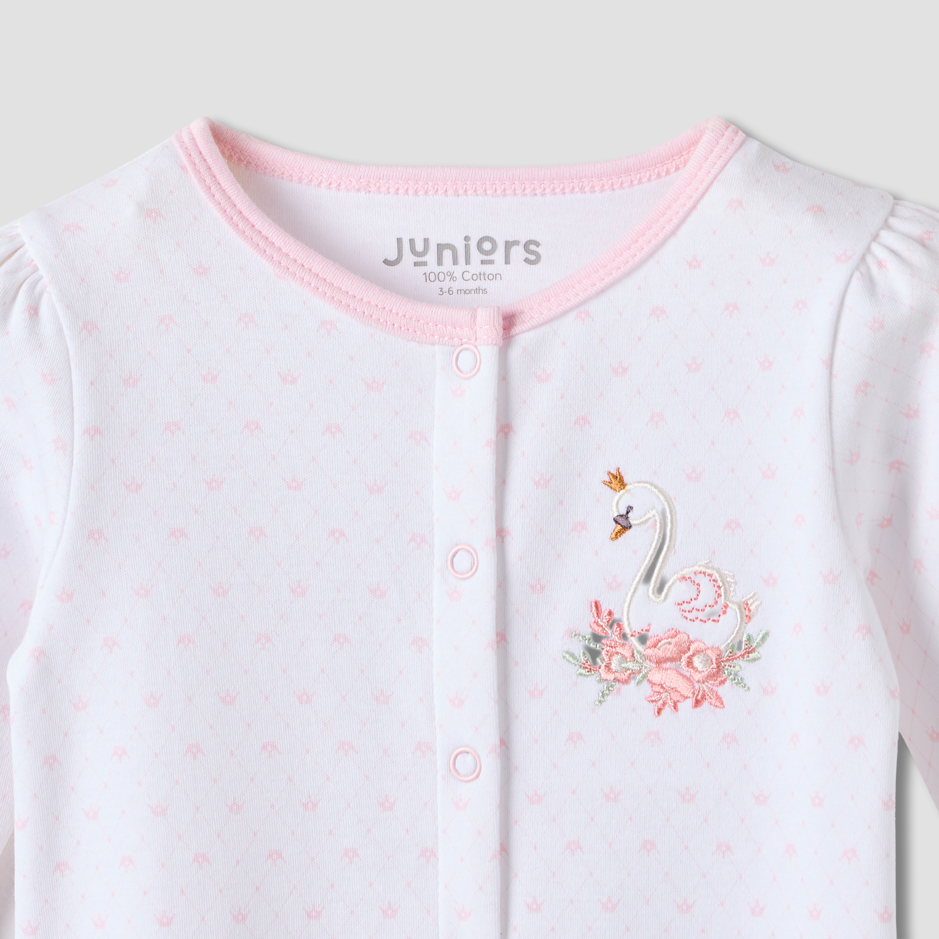 Juniors Swan Embroidered Sleepsuit with Long Sleeves-baby-girls-clothing-nightwear-sleepsuits-image-4