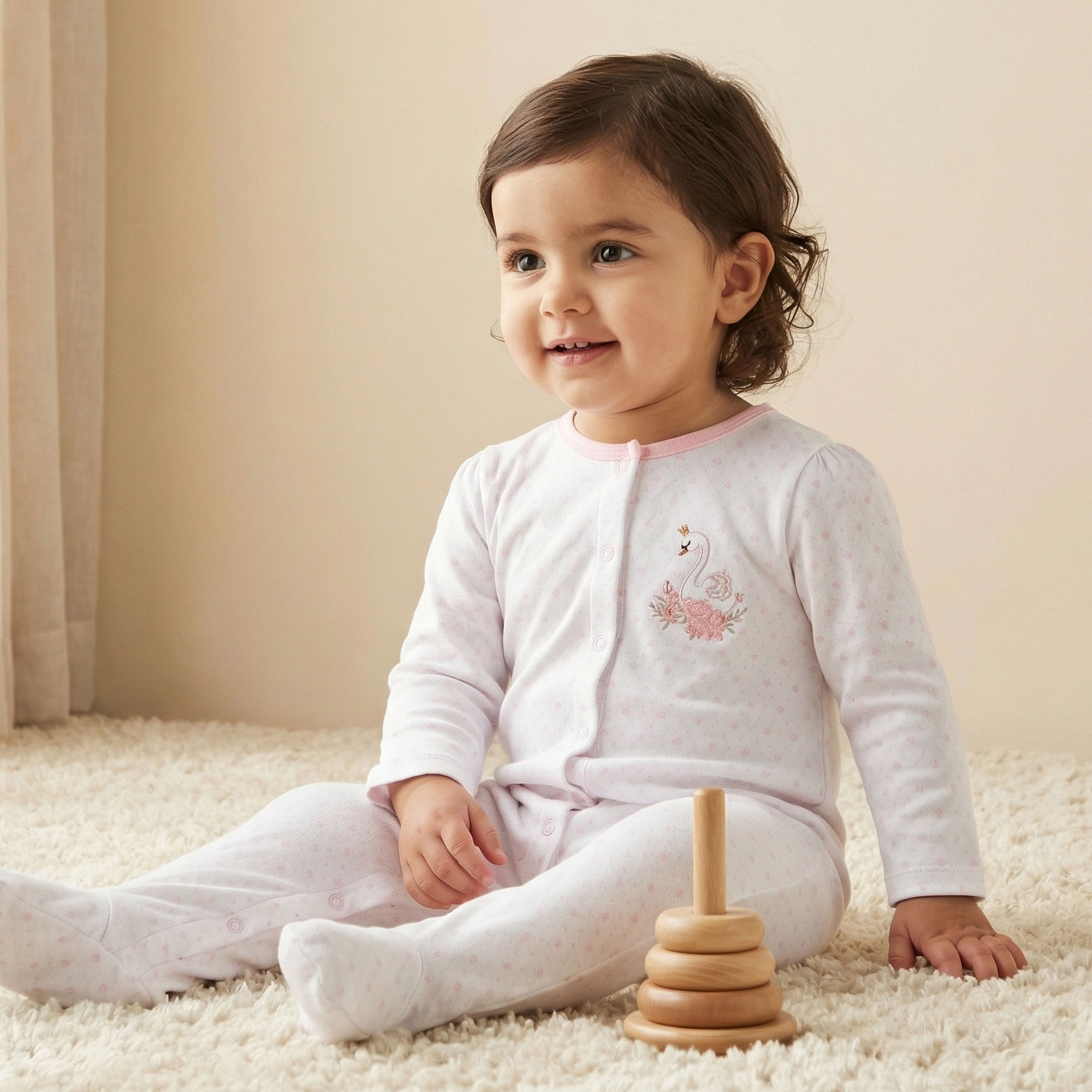 Juniors Swan Embroidered Sleepsuit with Long Sleeves-baby-girls-clothing-nightwear-sleepsuits-image-1