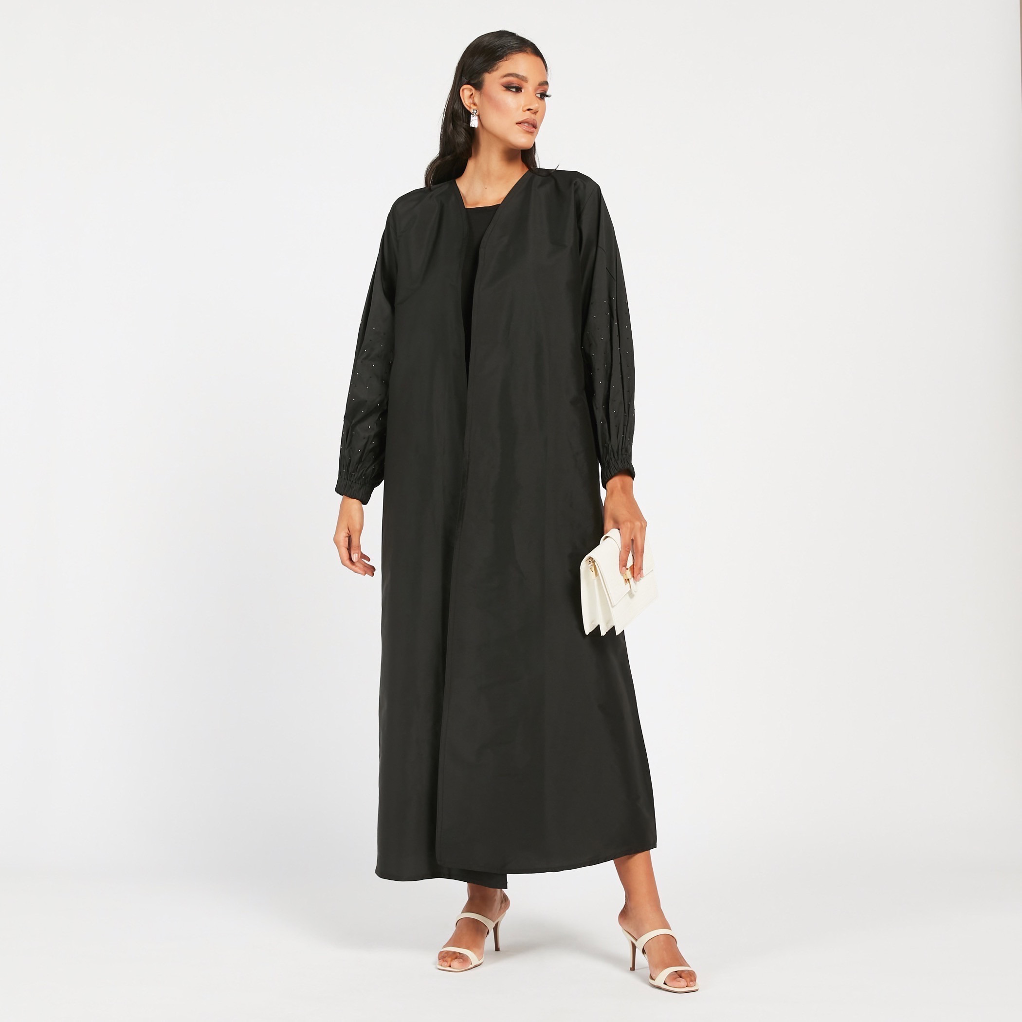 MOiSTREET Solid Open Front Abaya with Cuff Sleeves-women-arabicclothing-abayas-image-1