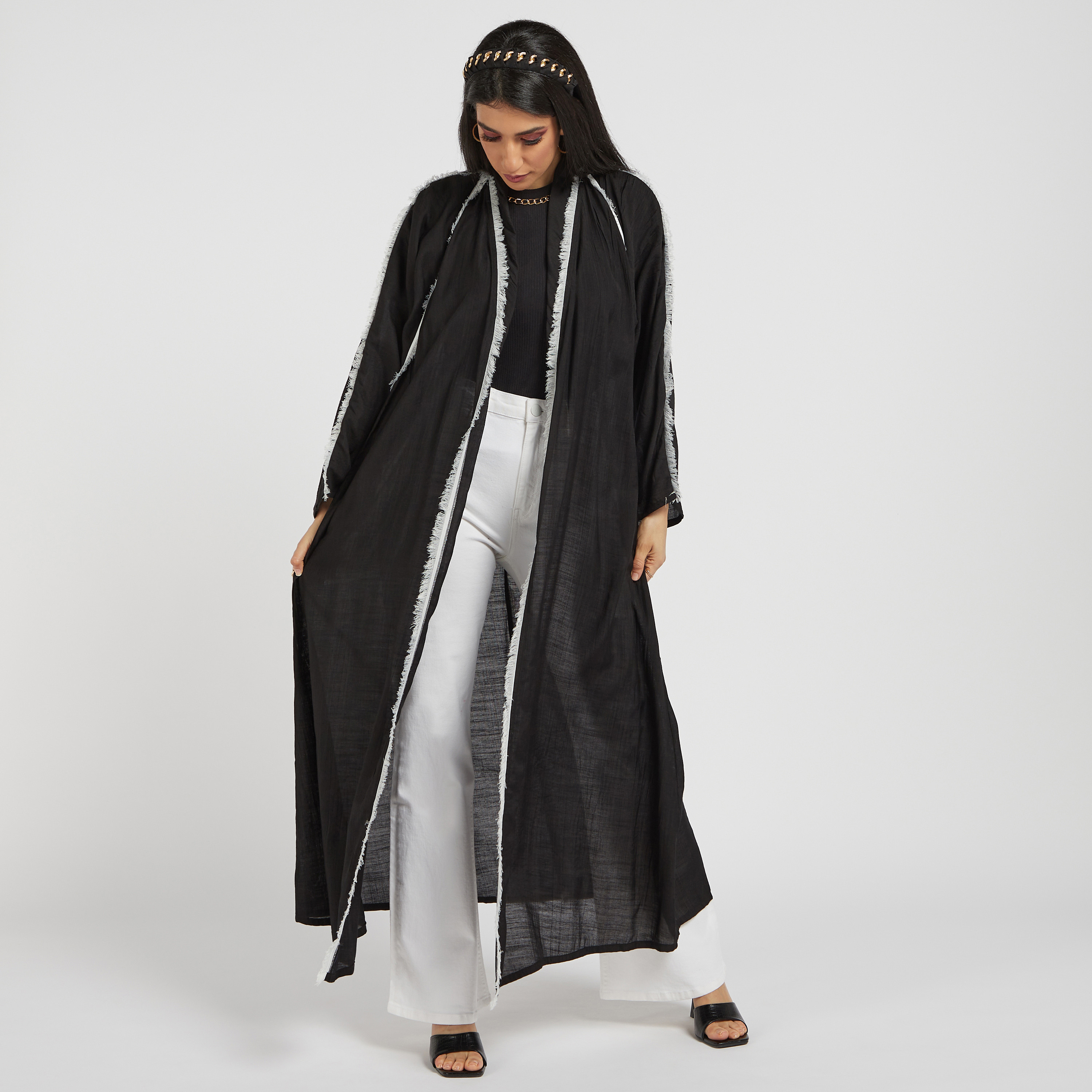 MOiSTREET Solid Open Front Abaya with Long Sleeves and Frayed Detail-women-arabicclothing-abayas-image-2