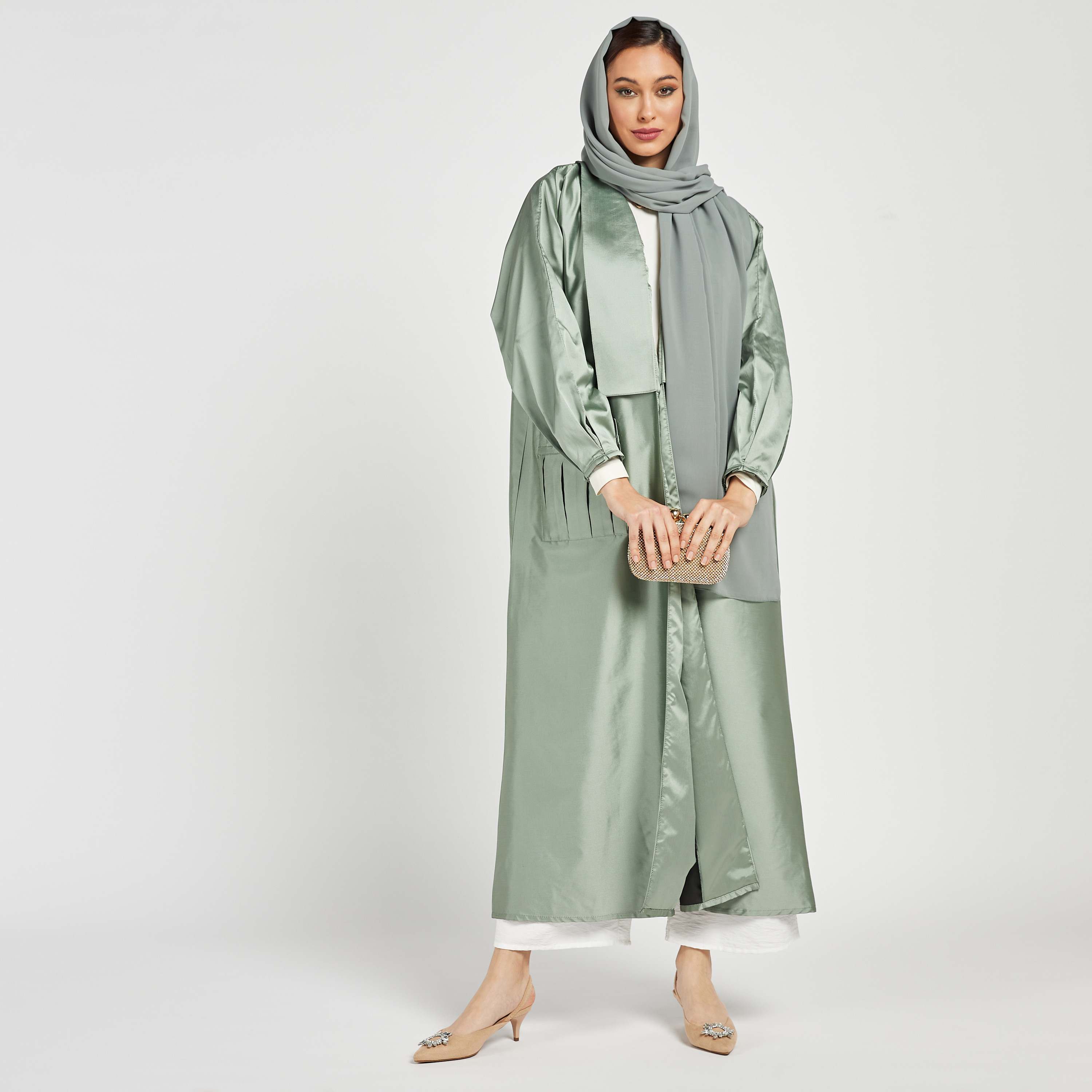MOiSTREET Solid Open Front Abaya with Pockets and Hijab-women-arabicclothing-abayas-image-1