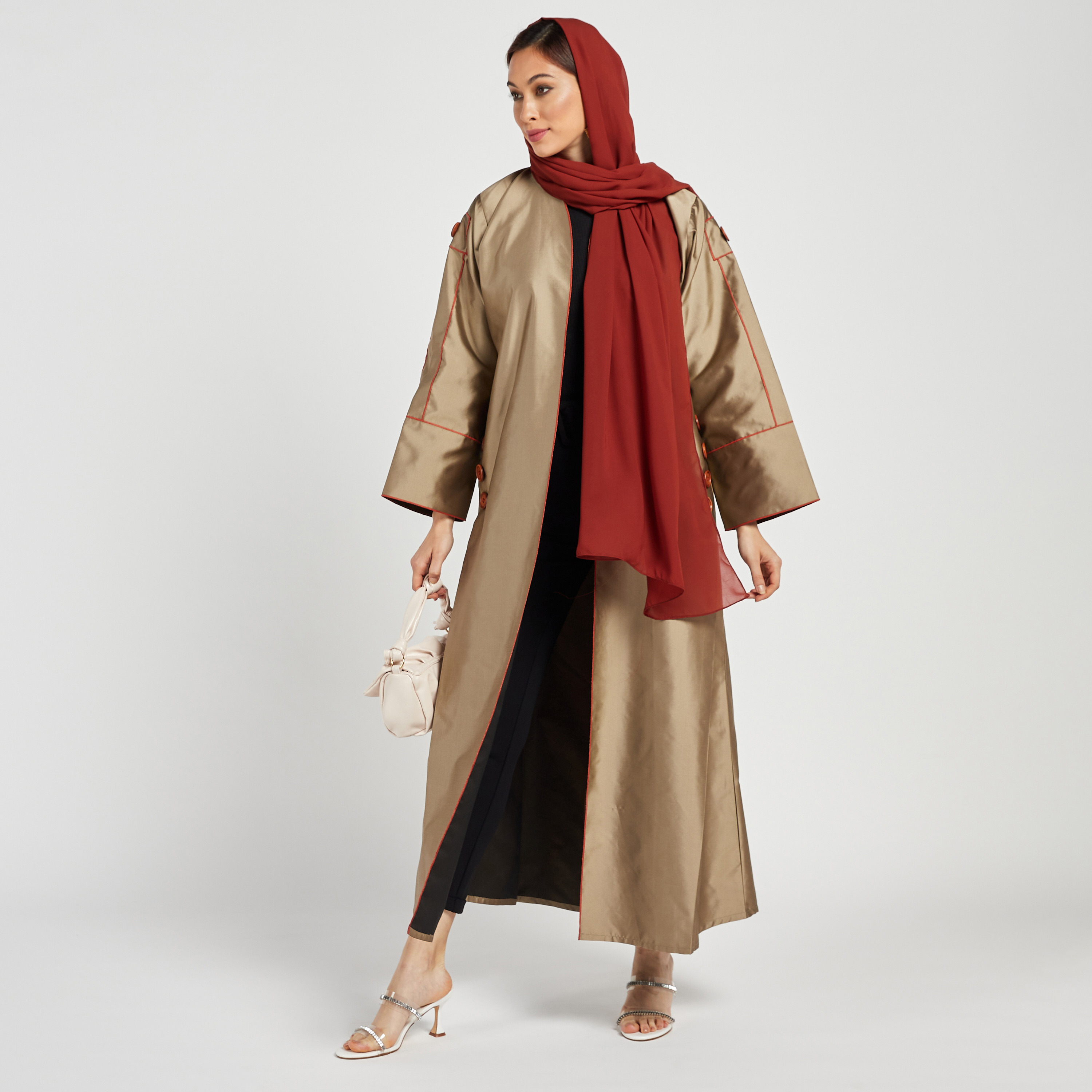MOiSTREET Solid Open Front Abaya with Button Detail and Hijab-women-arabicclothing-abayas-image-1