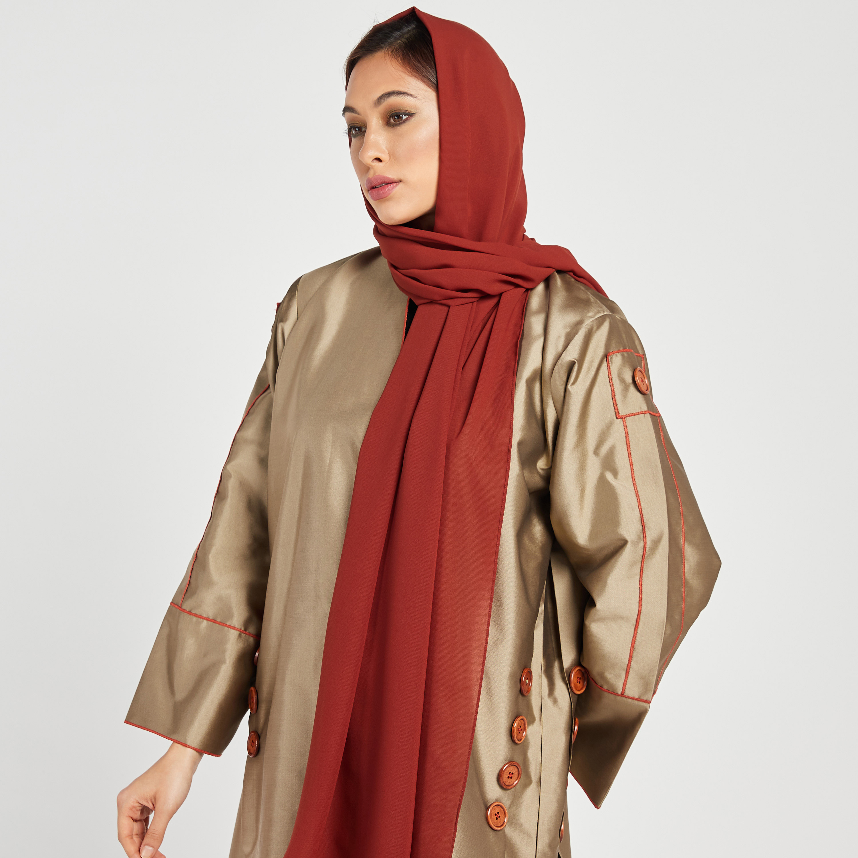 MOiSTREET Solid Open Front Abaya with Button Detail and Hijab-women-arabicclothing-abayas-image-2