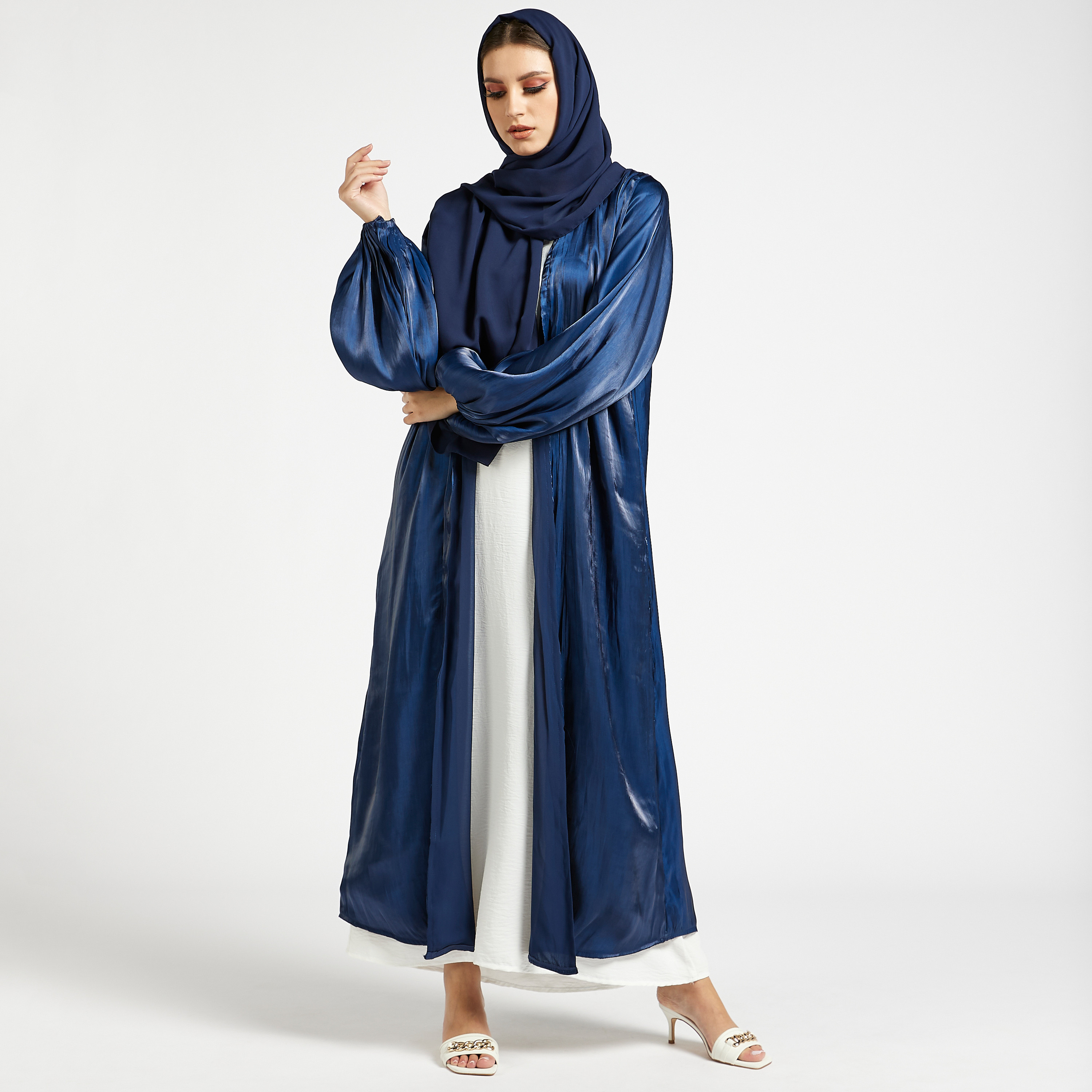 MOiSTREET Set of 3 Solid Open Front Abaya with Bishop Sleeves-women-arabicclothing-abayas-image-1