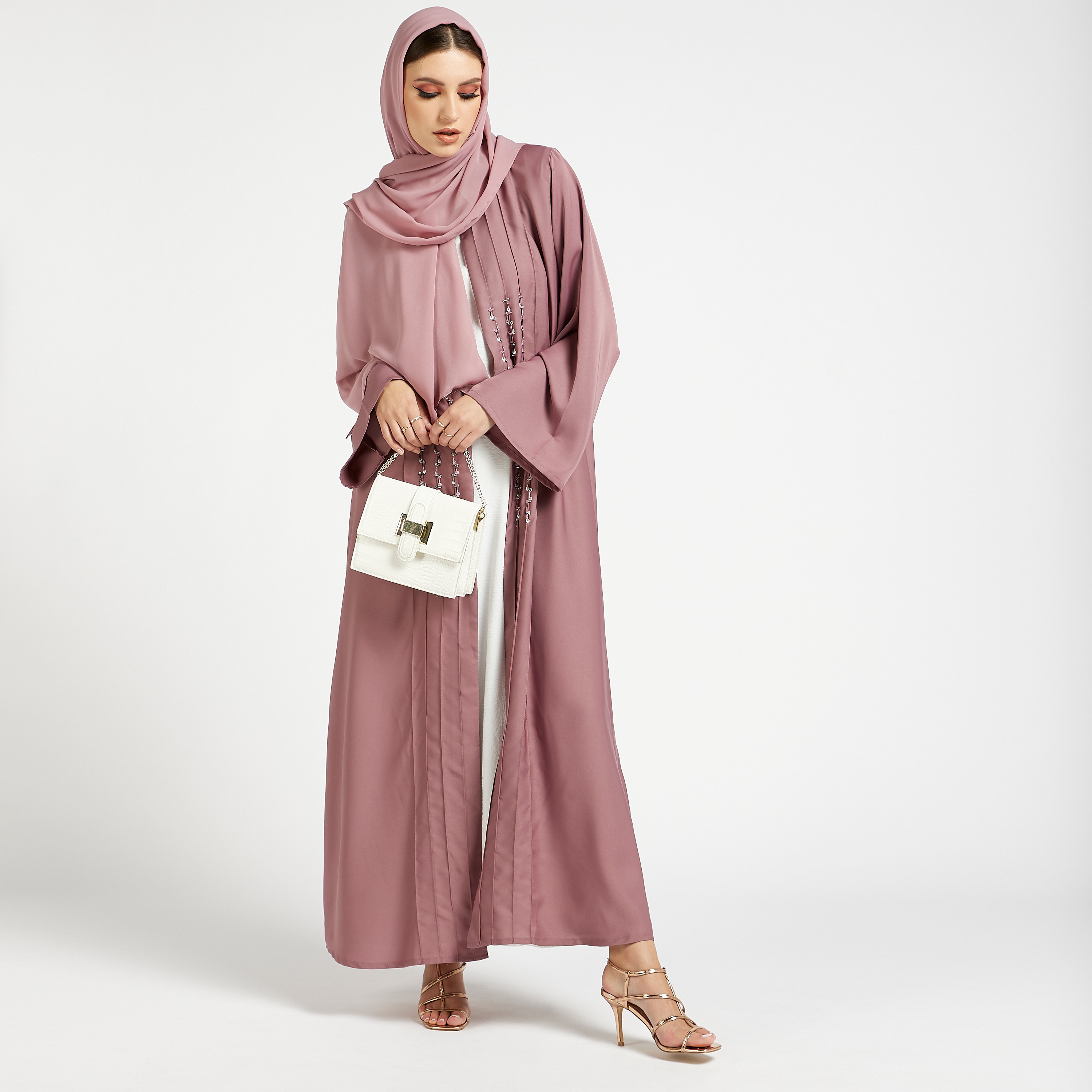 MOiSTREET Set of 3 Embellished Open Front Abaya with Round Neck-women-arabicclothing-abayas-image-1