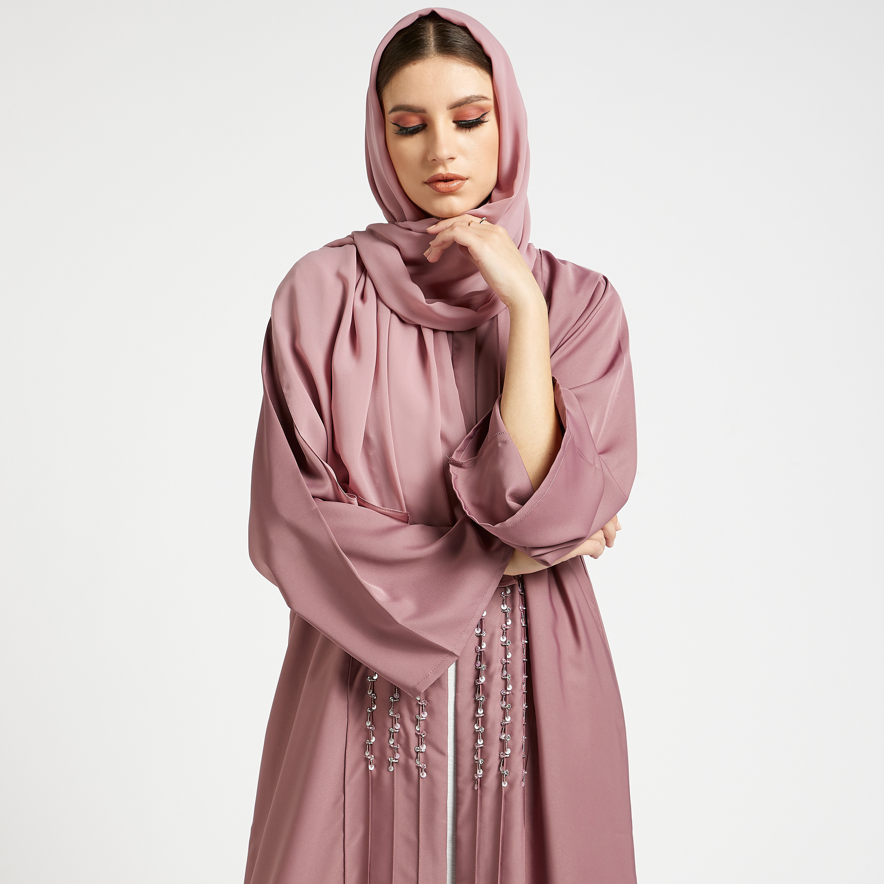 MOiSTREET Set of 3 Embellished Open Front Abaya with Round Neck-women-arabicclothing-abayas-image-3