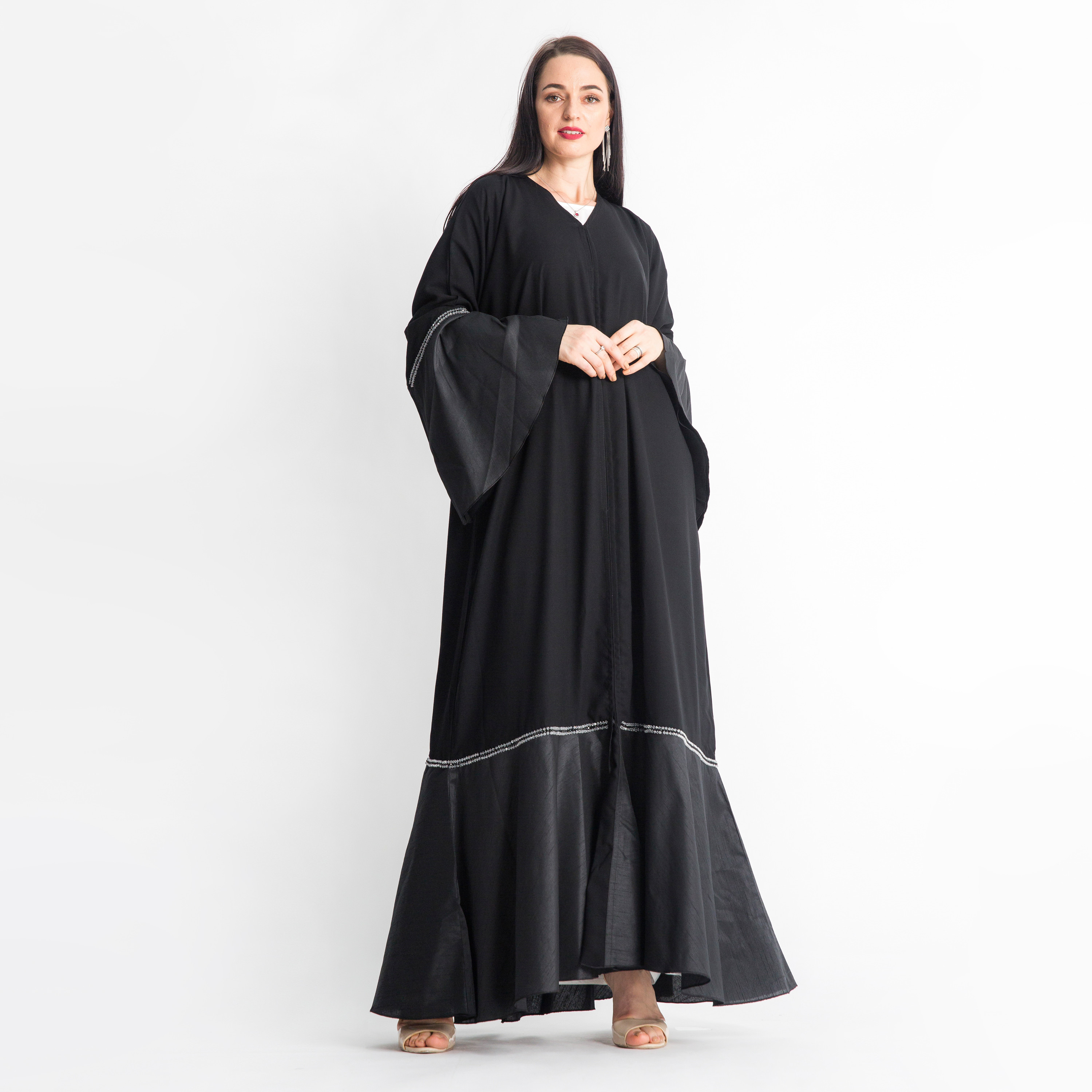 MOiSTREET Embellished V-neck Abaya with Flared Sleeves-women-arabicclothing-abayas-image-3