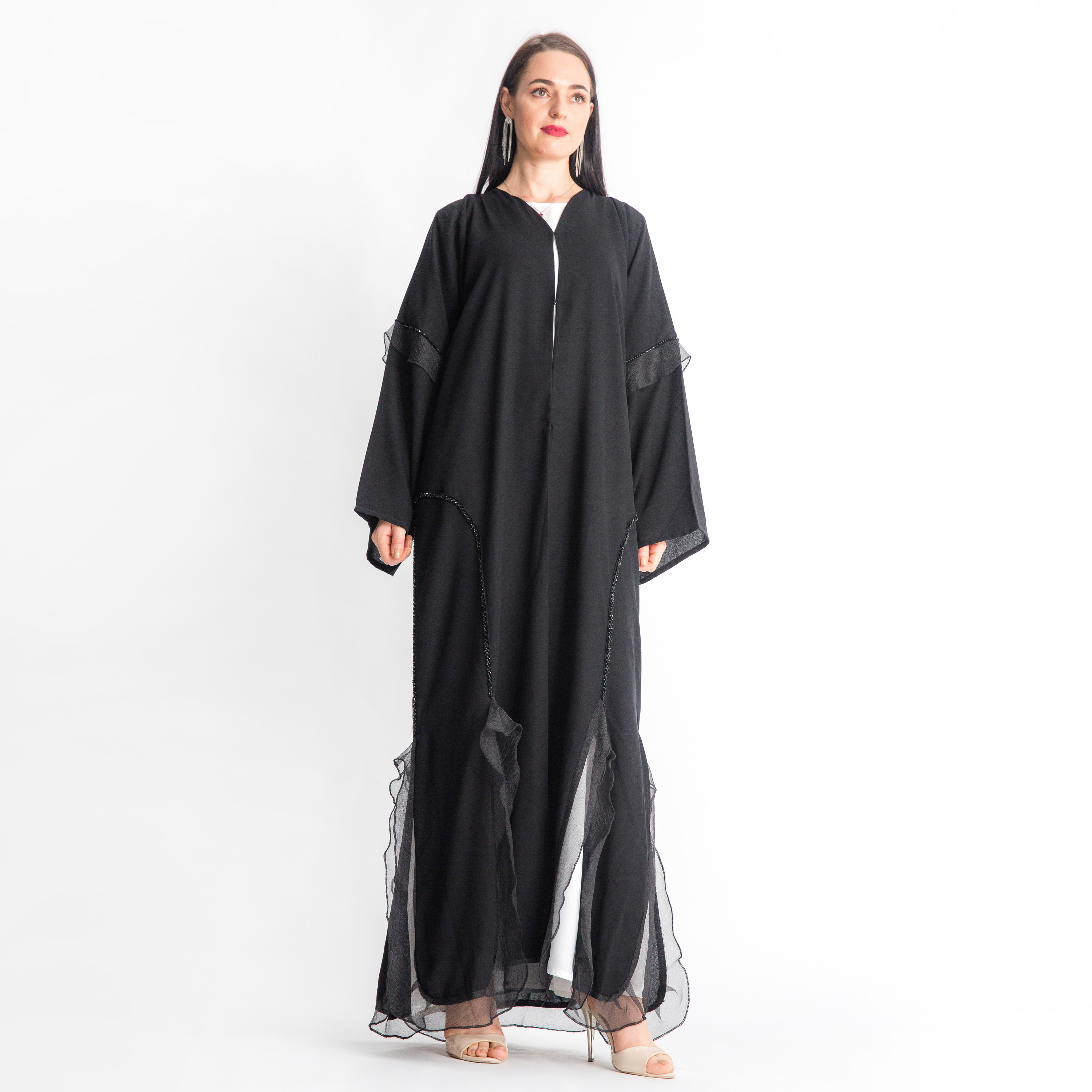MOiSTREET V-neck Abaya with Ruffle Detail-women-arabicclothing-abayas-image-1