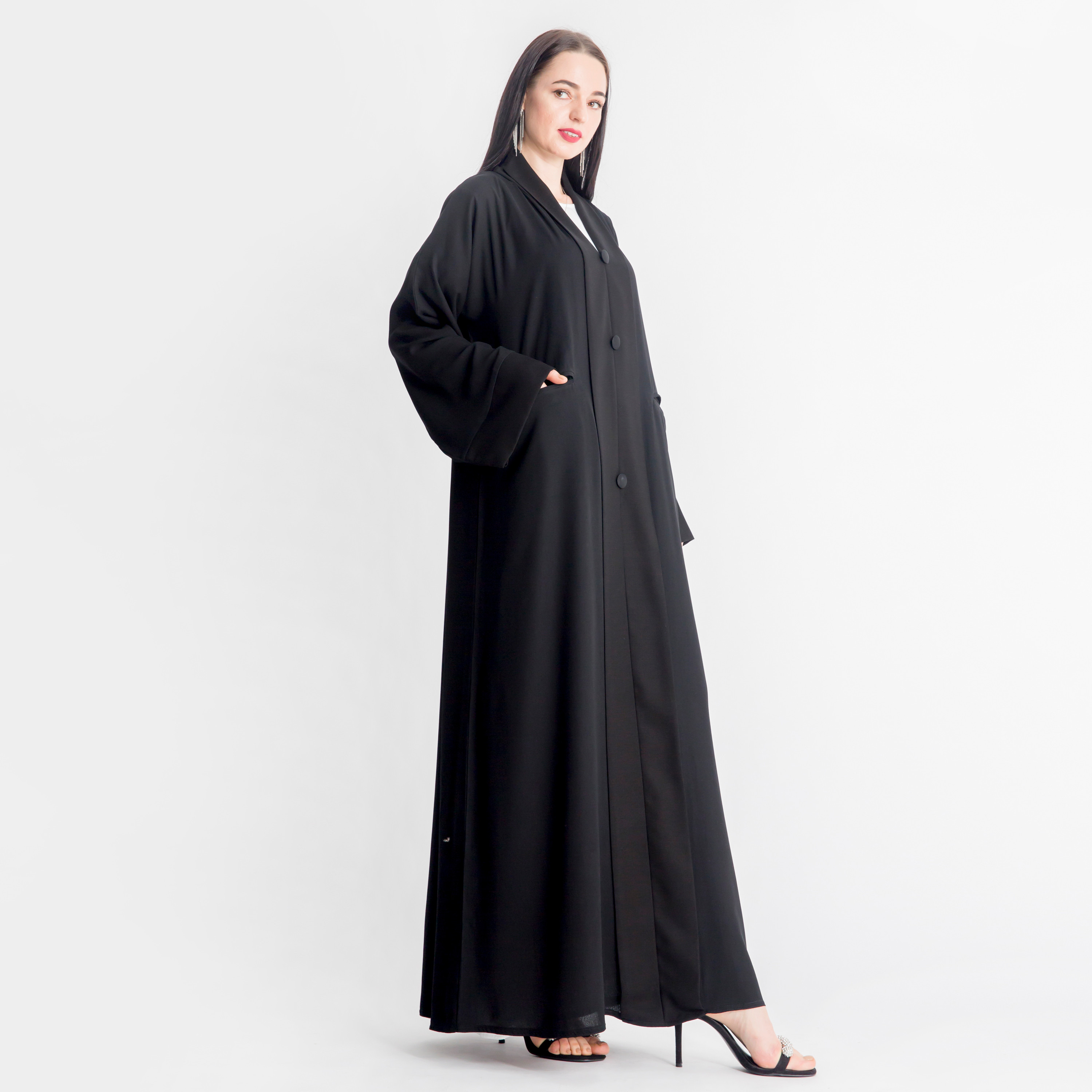 MOiSTREET Solid V-neck Abaya with Button Detail and Front Pockets-women-arabicclothing-abayas-image-1