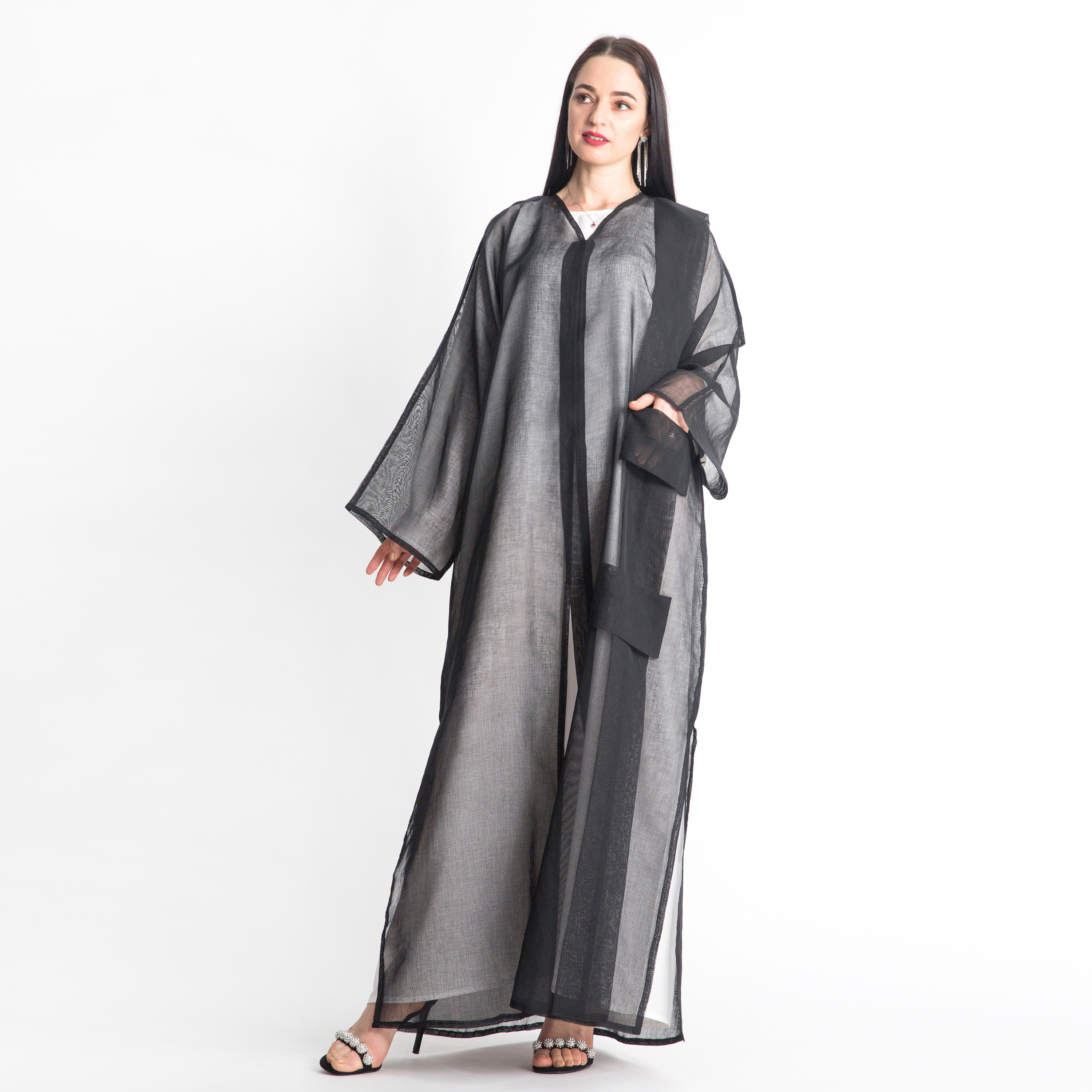 MOiSTREET Sheer V-neck Abaya with Pockets-women-arabicclothing-abayas-image-1