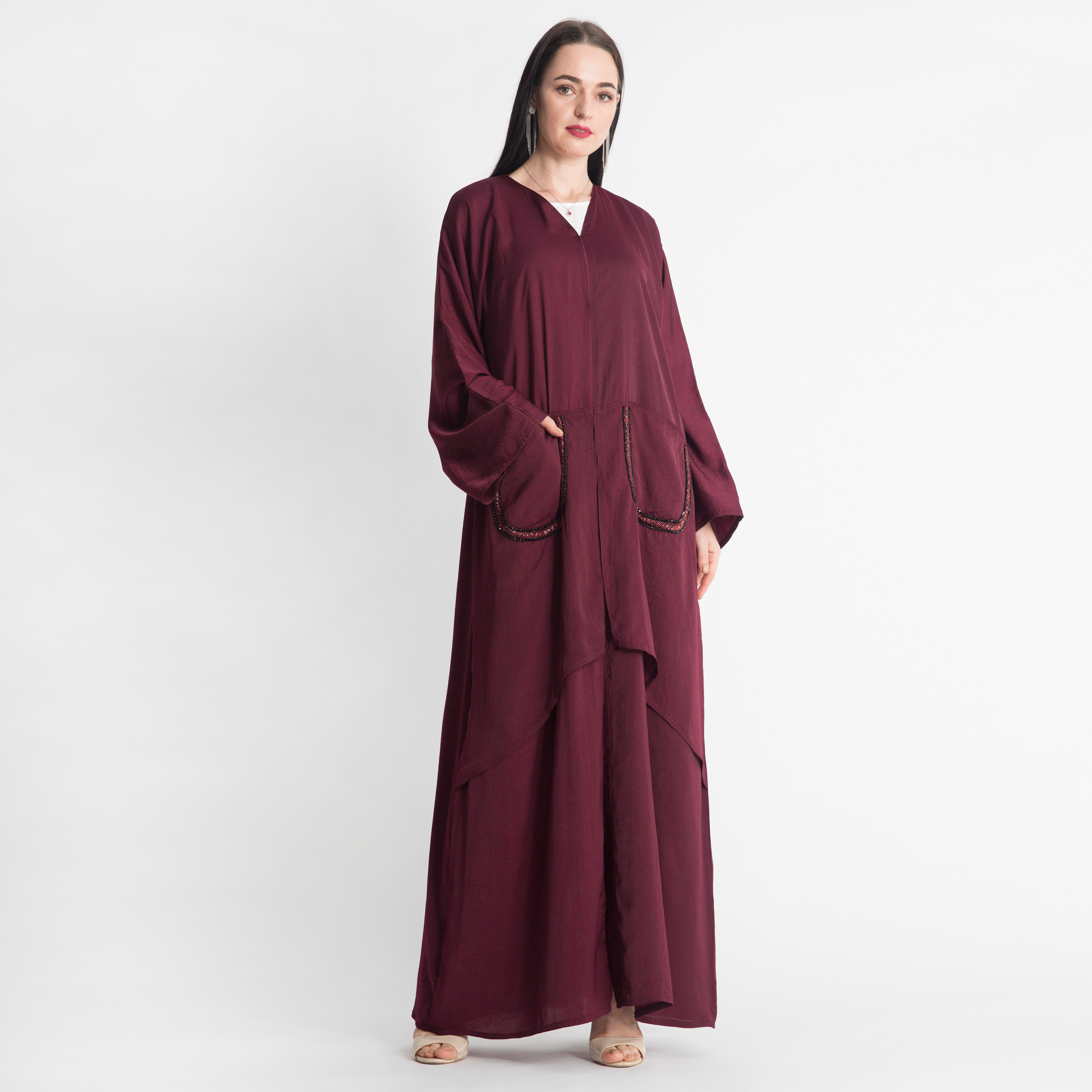 MOiSTREET V-neck Abaya with Embellished Pockets-women-arabicclothing-abayas-image-1