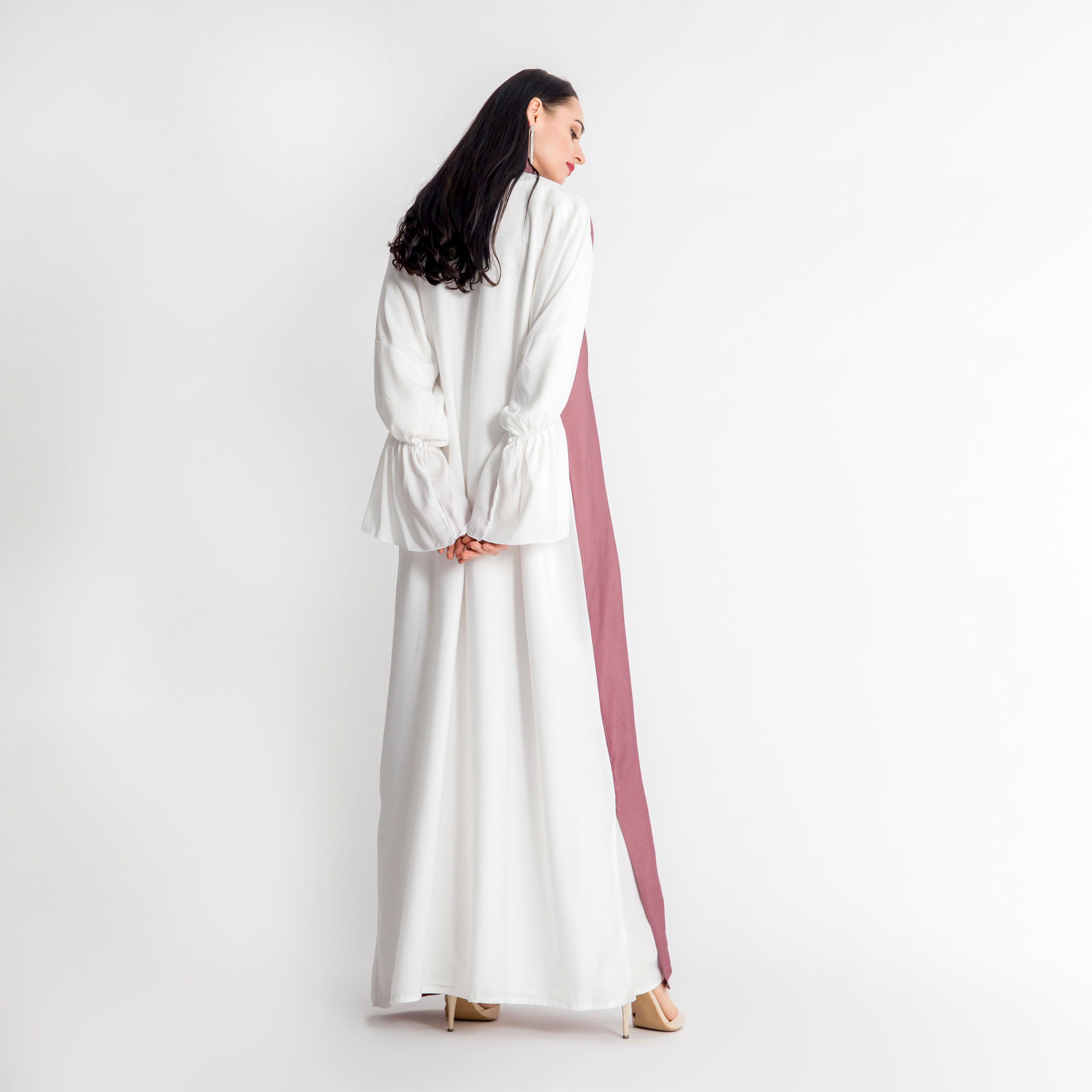 MOiSTREET Two-Tone Abaya with Notched Collar and Flute Sleeves-women-arabicclothing-abayas-image-3