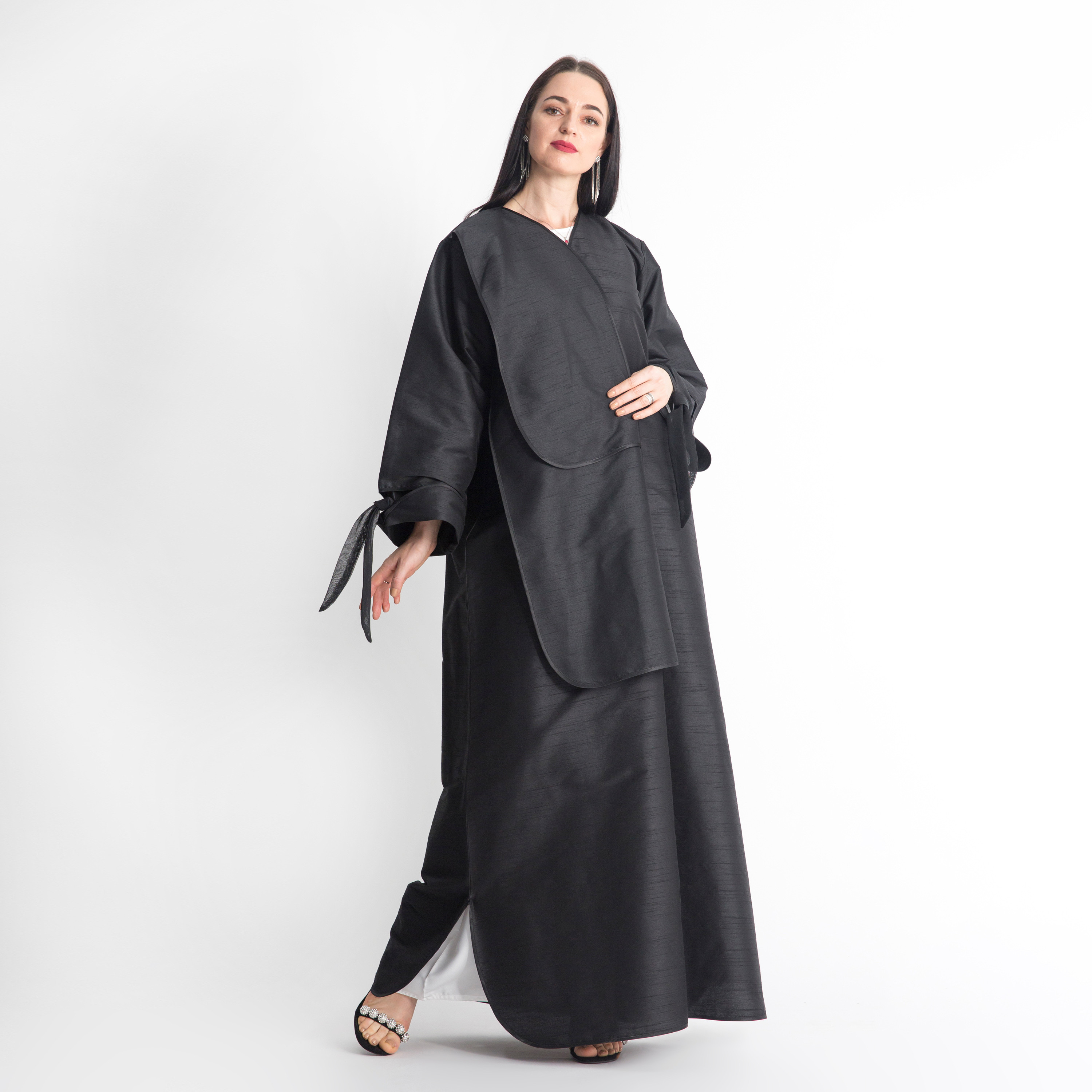 MOiSTREET Layered Abaya with Sleeve Tie-Ups-women-arabicclothing-abayas-image-1