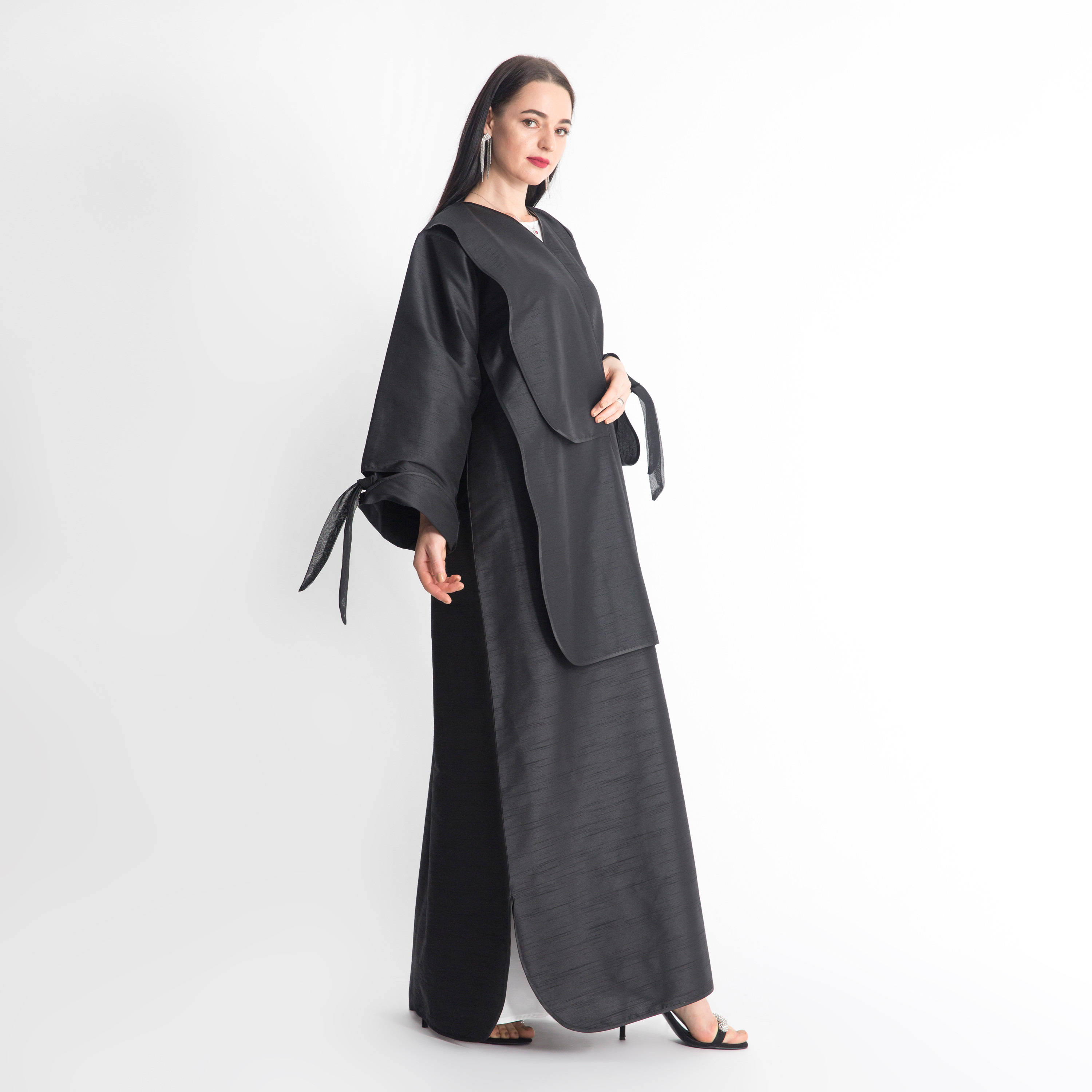 MOiSTREET Layered Abaya with Sleeve Tie-Ups-women-arabicclothing-abayas-image-3
