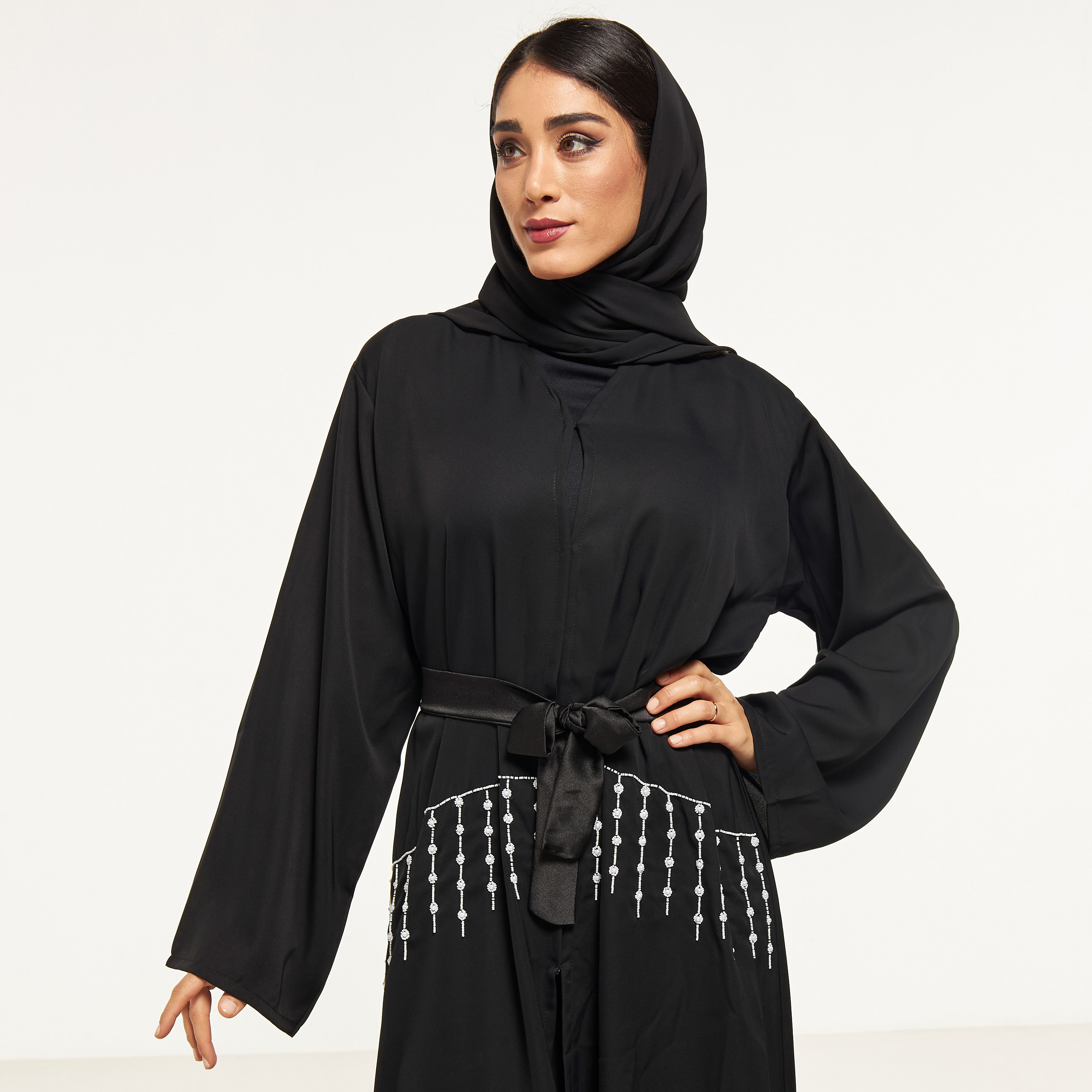 MOiSTREET Bead Embellished Abaya with Hijab-women-arabicclothing-abayas-image-2