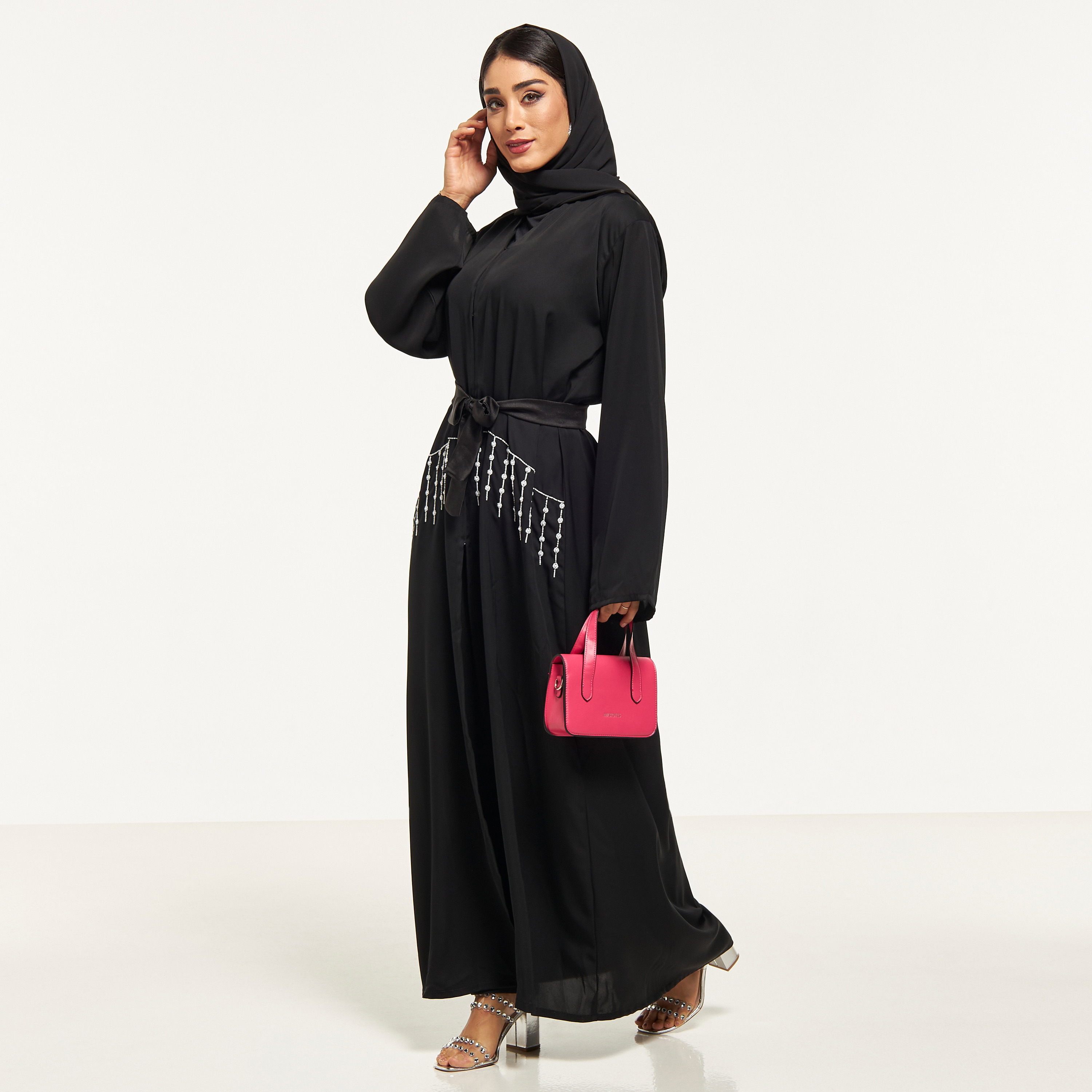 MOiSTREET Bead Embellished Abaya with Hijab-women-arabicclothing-abayas-image-4