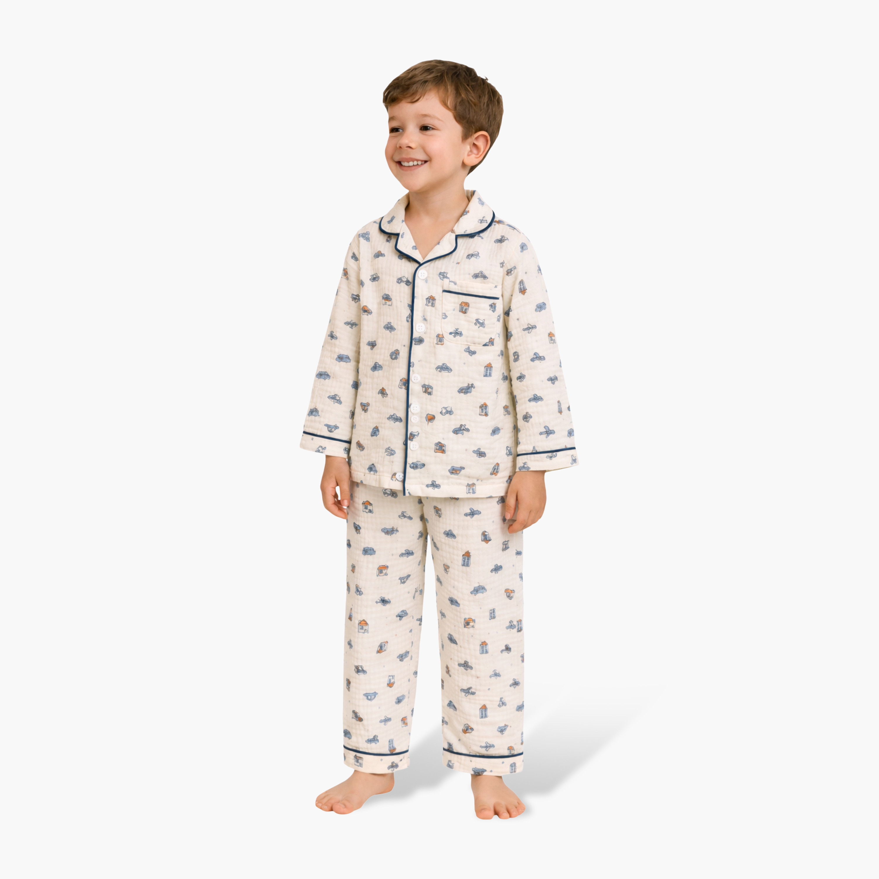 Victor and Jane Vehicle Printed Muslin Cotton Pyjama Set-boys-clothing-nightwear-image-1