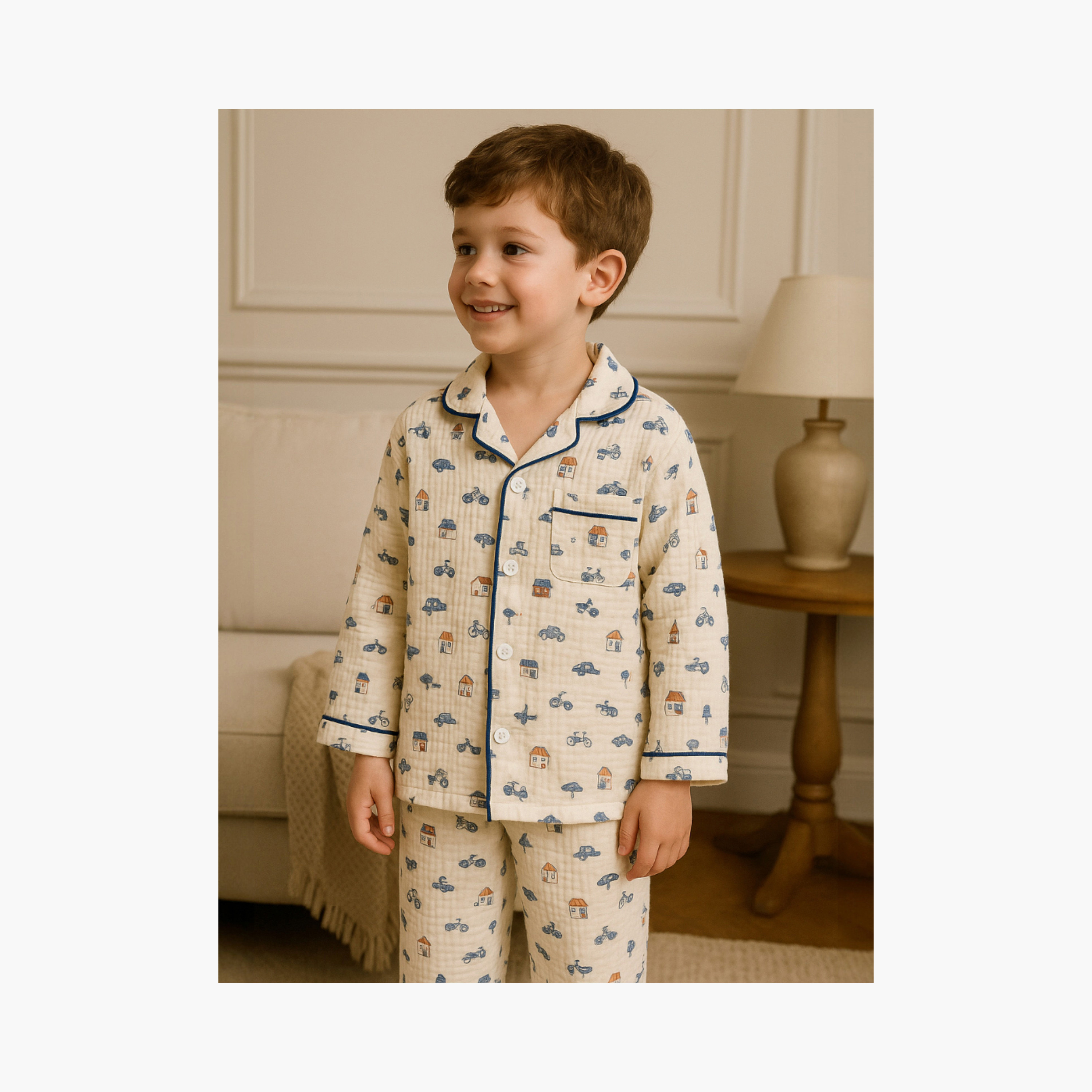 Victor and Jane Vehicle Printed Muslin Cotton Pyjama Set-boys-clothing-nightwear-image-3